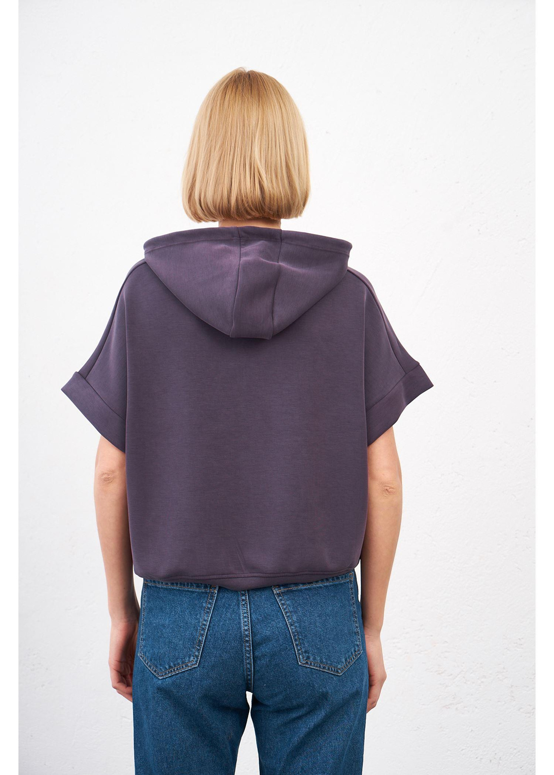 Kapüşonlu Kısa Kol Dalgıç Sweatshirt-Koyu Mor