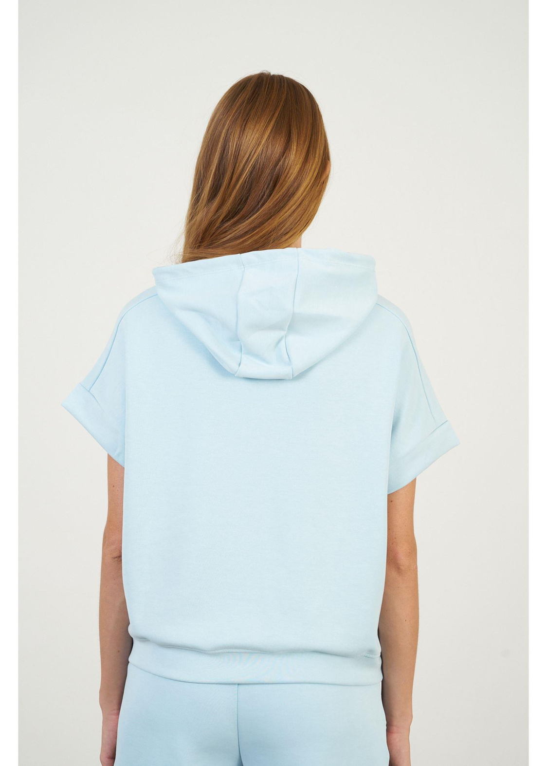 Kapüşonlu Kısa Kol Dalgıç Sweatshirt-Mavi