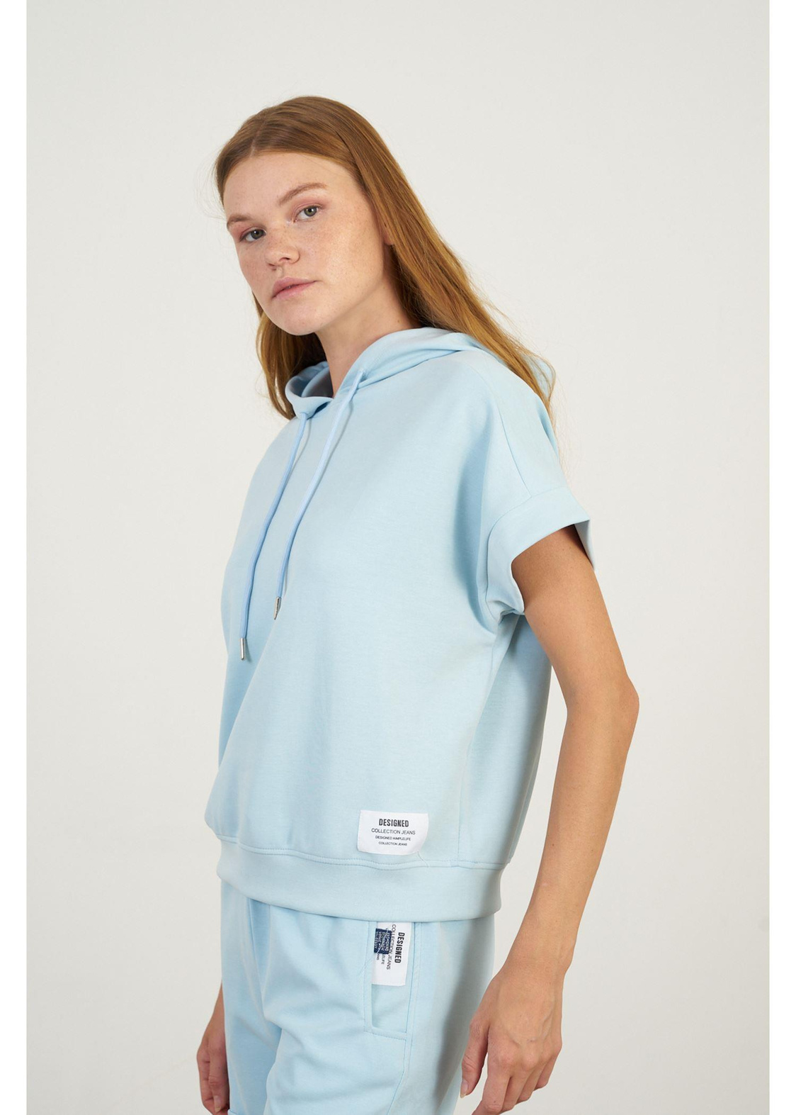 Kapüşonlu Kısa Kol Dalgıç Sweatshirt-Mavi