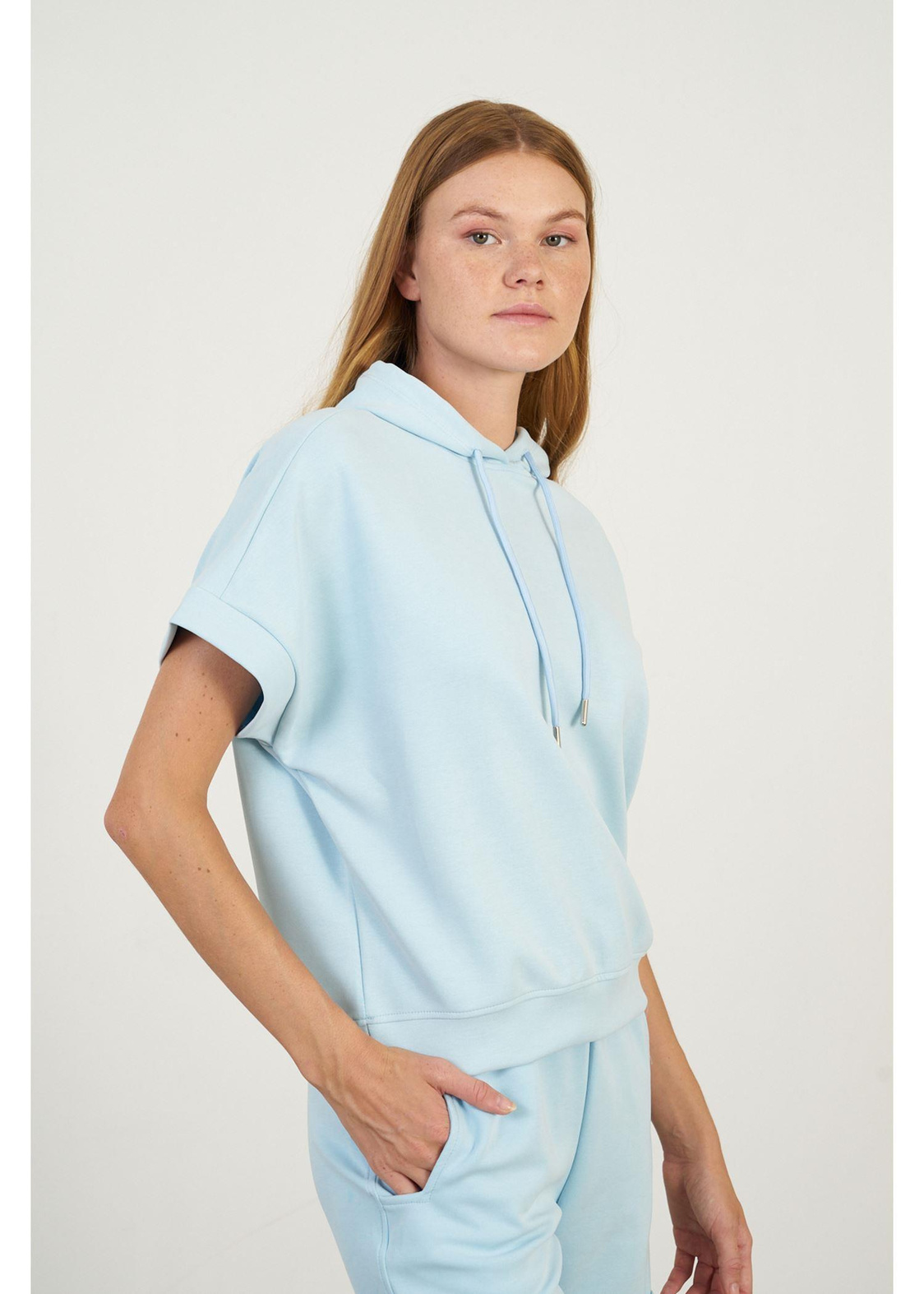 Kapüşonlu Kısa Kol Dalgıç Sweatshirt-Mavi