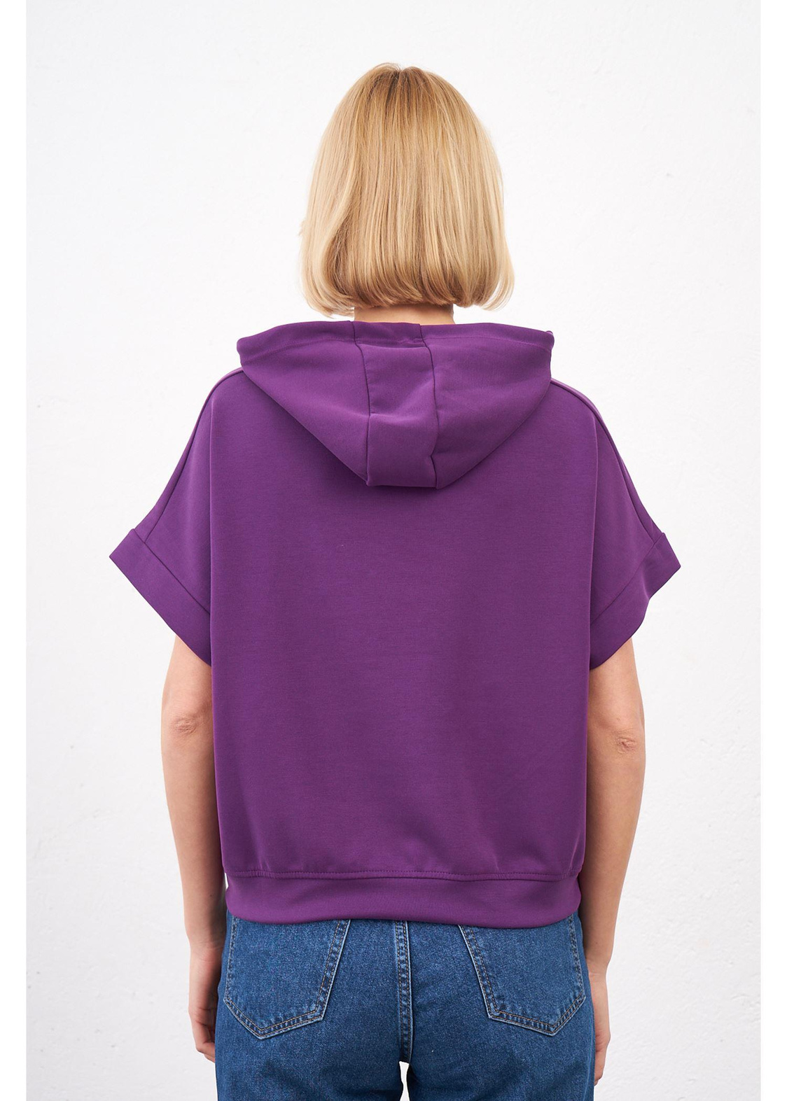 Kapüşonlu Kısa Kol Dalgıç Sweatshirt-Mor
