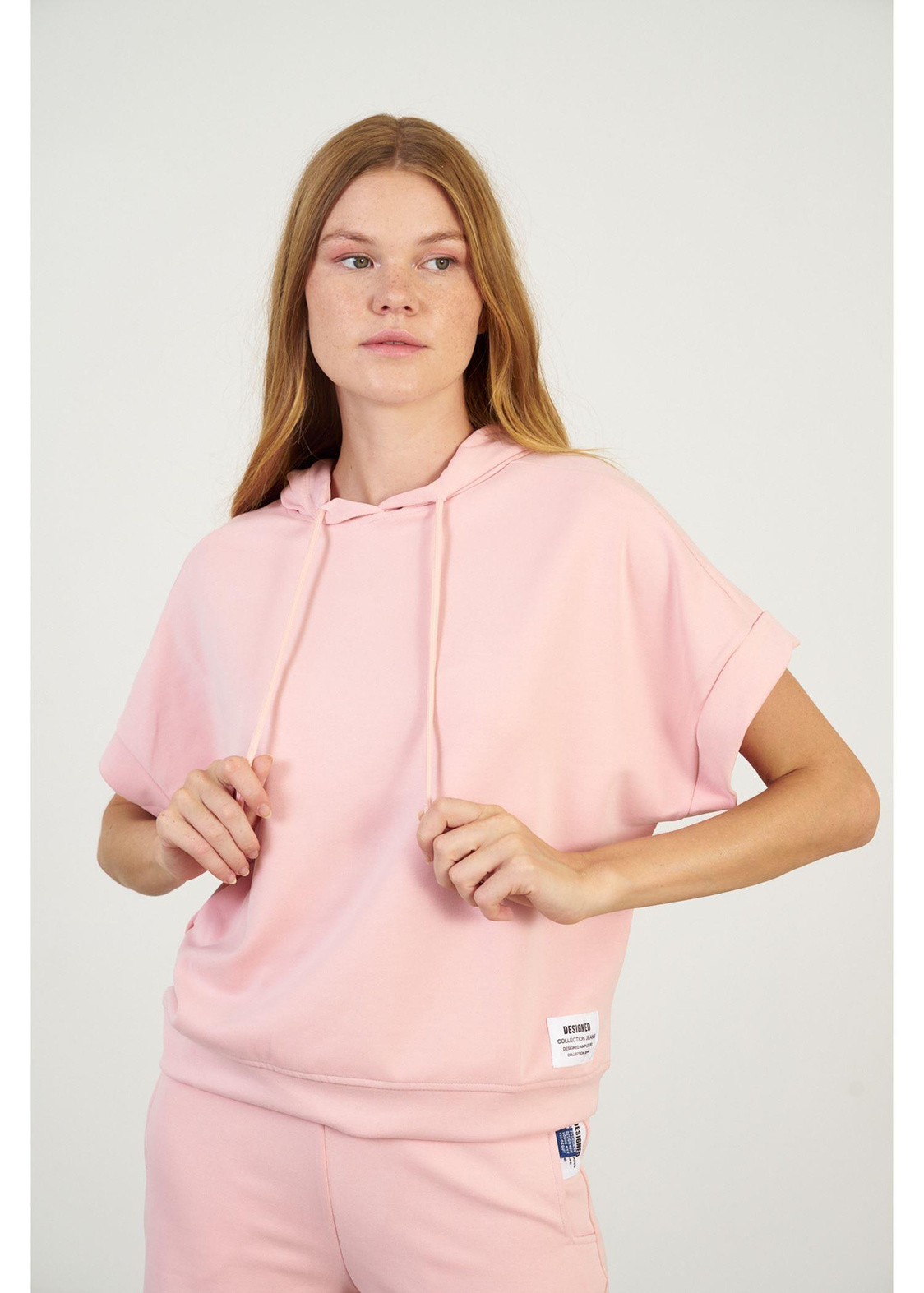 Kapüşonlu Kısa Kol Dalgıç Sweatshirt-Pudra
