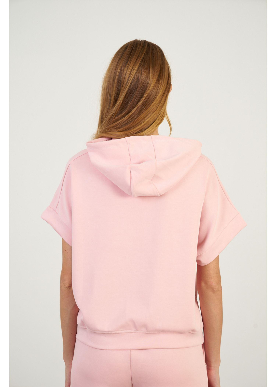 Kapüşonlu Kısa Kol Dalgıç Sweatshirt-Pudra