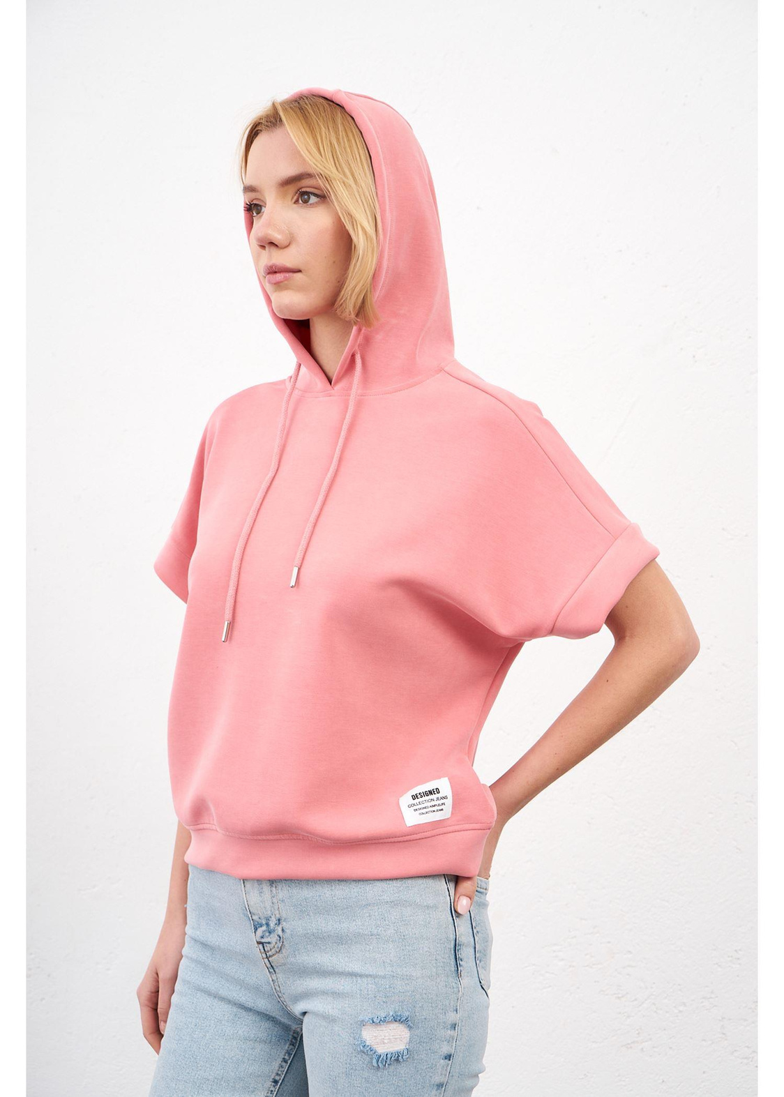 Kapüşonlu Kısa Kol Dalgıç Sweatshirt-Somon