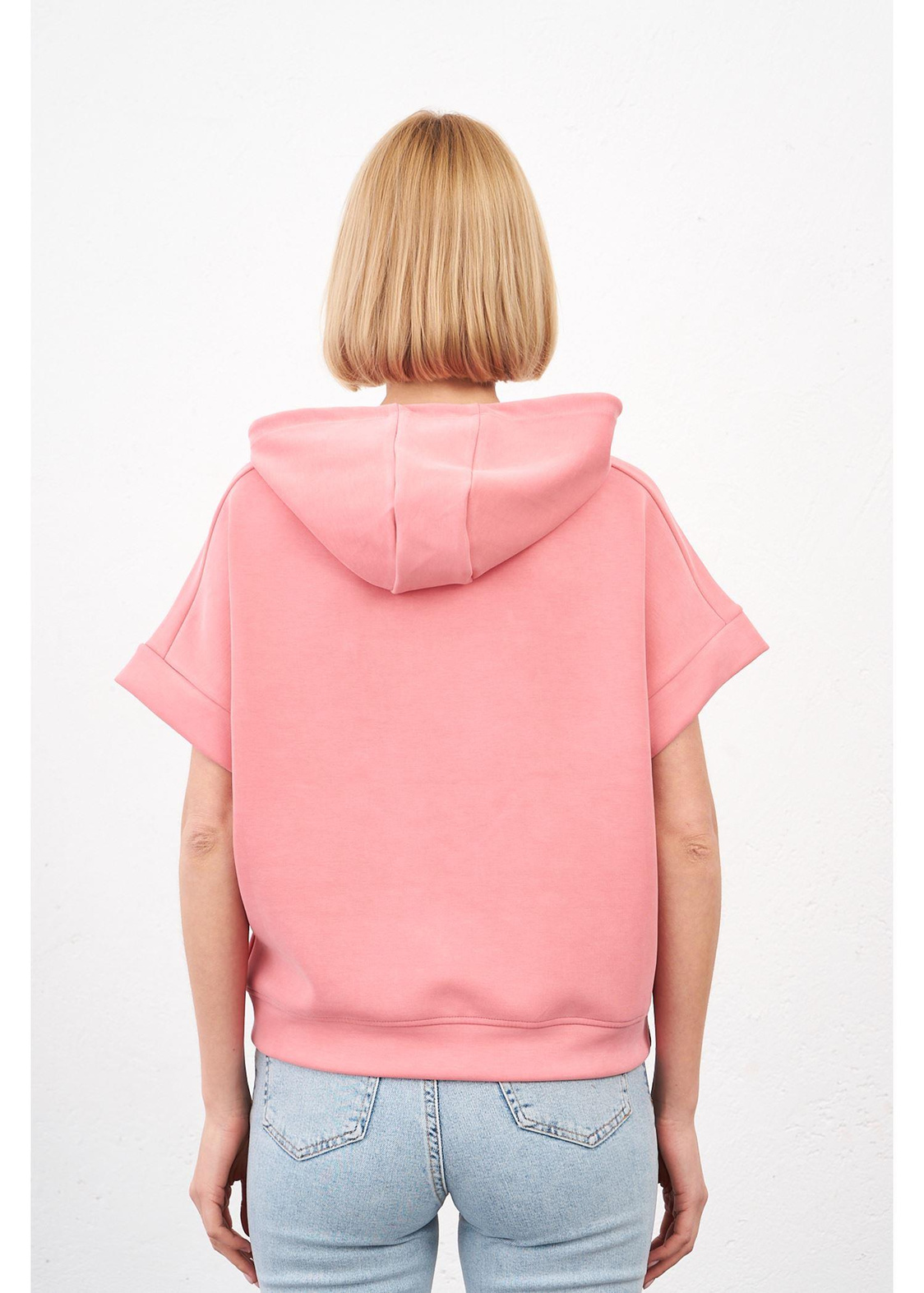 Kapüşonlu Kısa Kol Dalgıç Sweatshirt-Somon