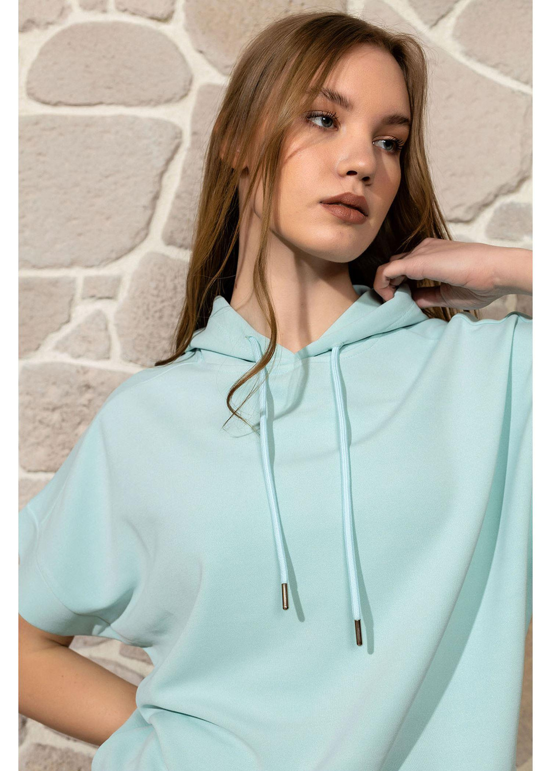 Kapüşonlu Kısa Kol Dalgıç Sweatshirt-Su Yeşili