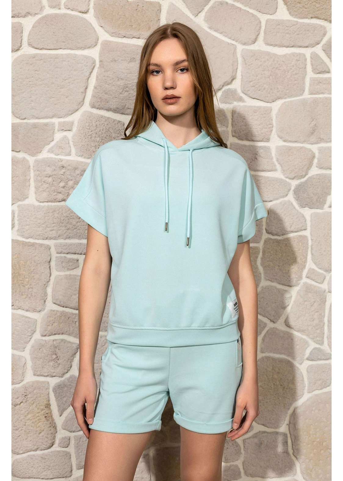 Kapüşonlu Kısa Kol Dalgıç Sweatshirt-Su Yeşili