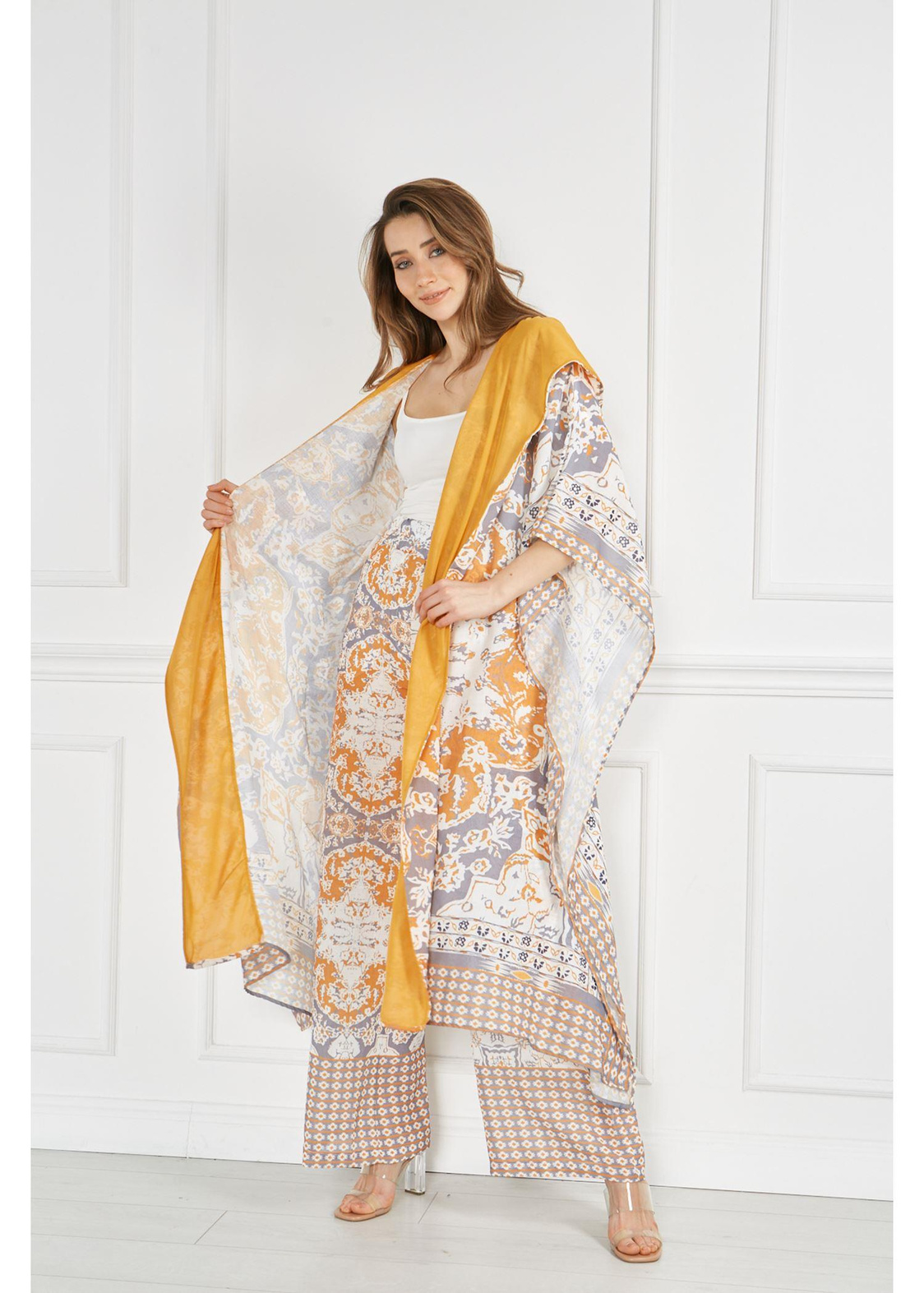 Kapuşonlu Pono Desen Kimono-Ekru