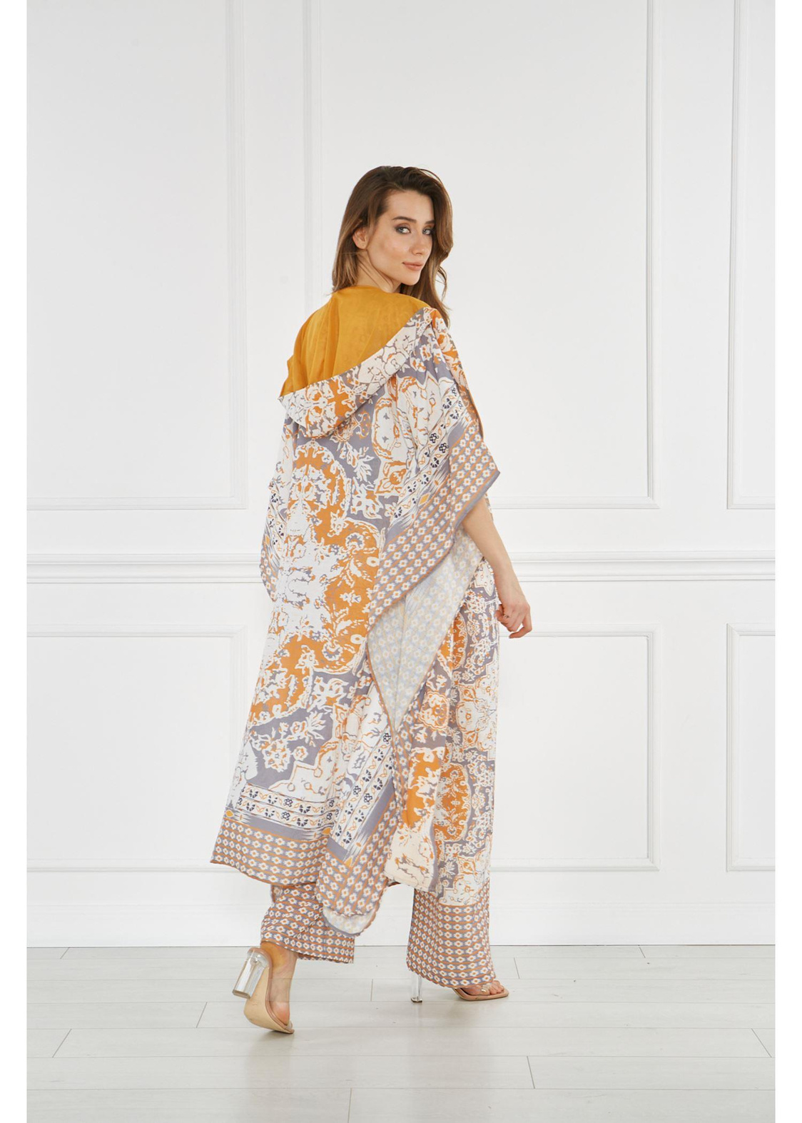 Kapuşonlu Pono Desen Kimono-Ekru
