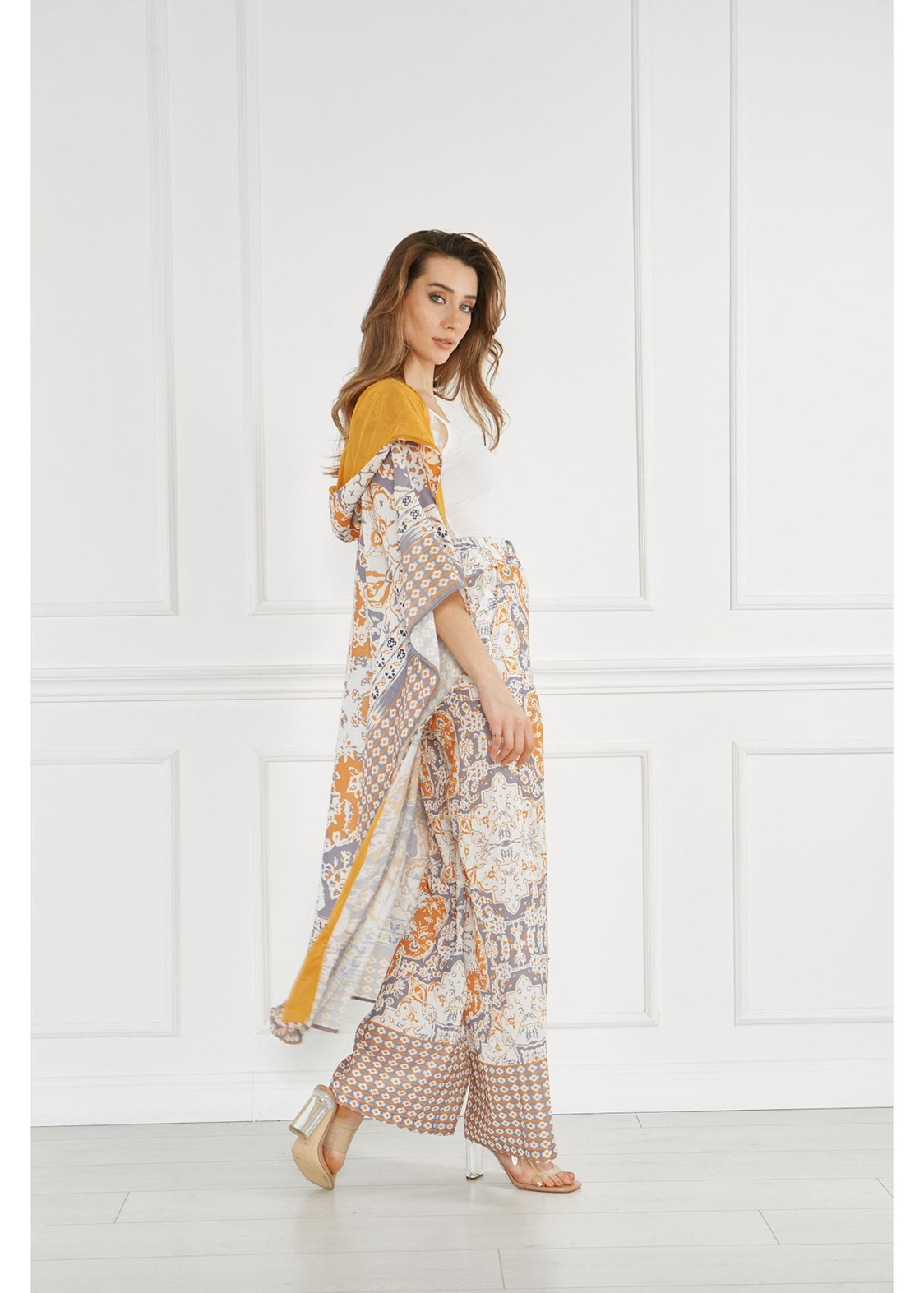 Kapuşonlu Pono Desen Kimono-Ekru