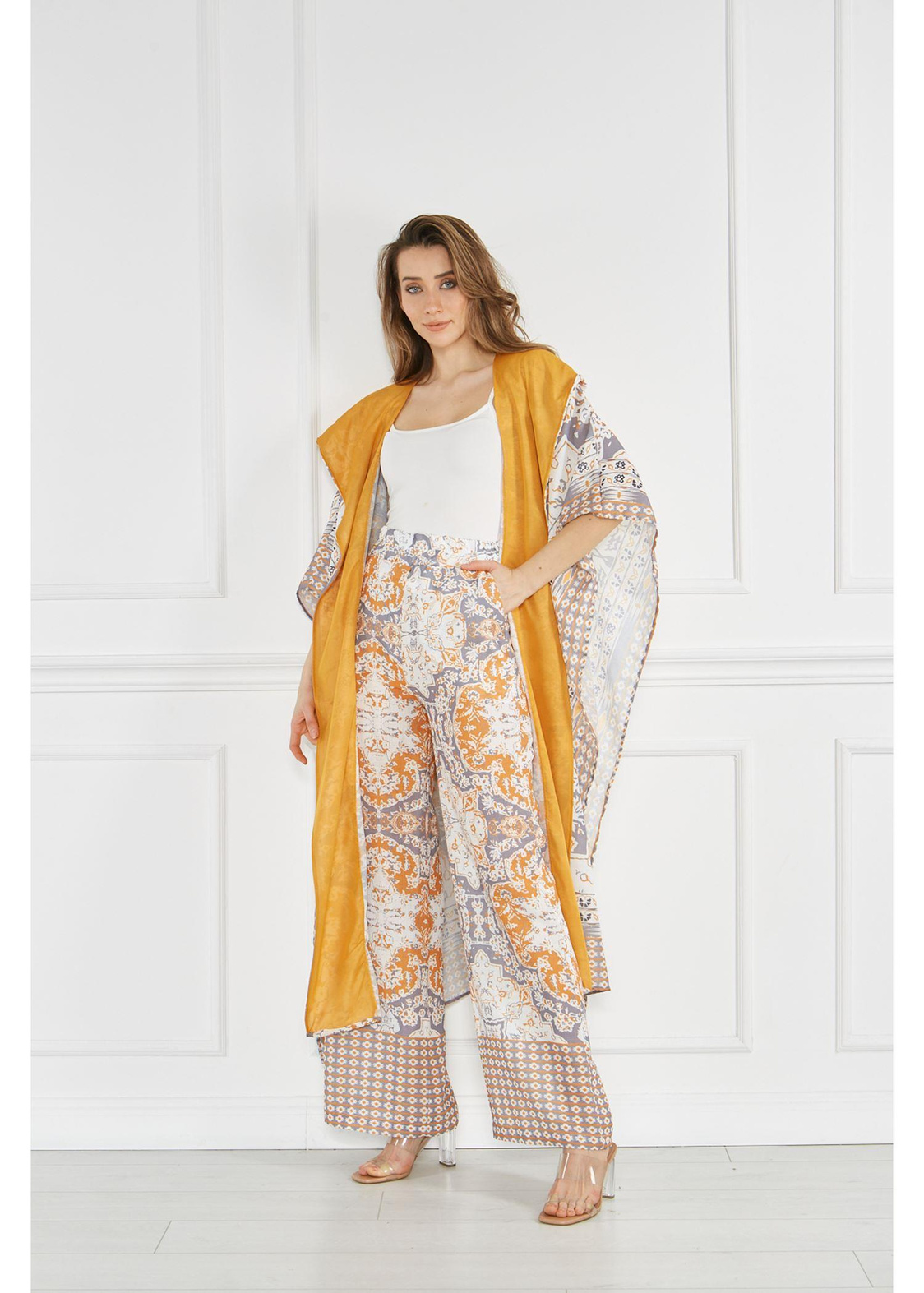 Kapuşonlu Pono Desen Kimono-Ekru
