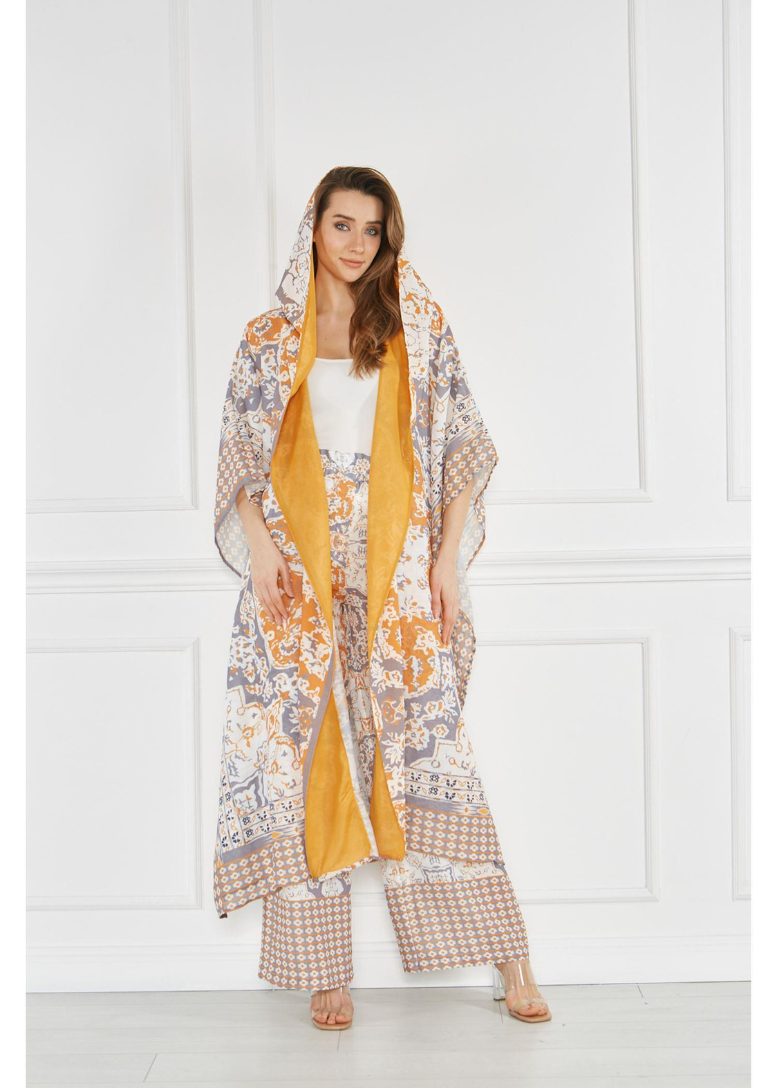 Kapuşonlu Pono Desen Kimono-Ekru