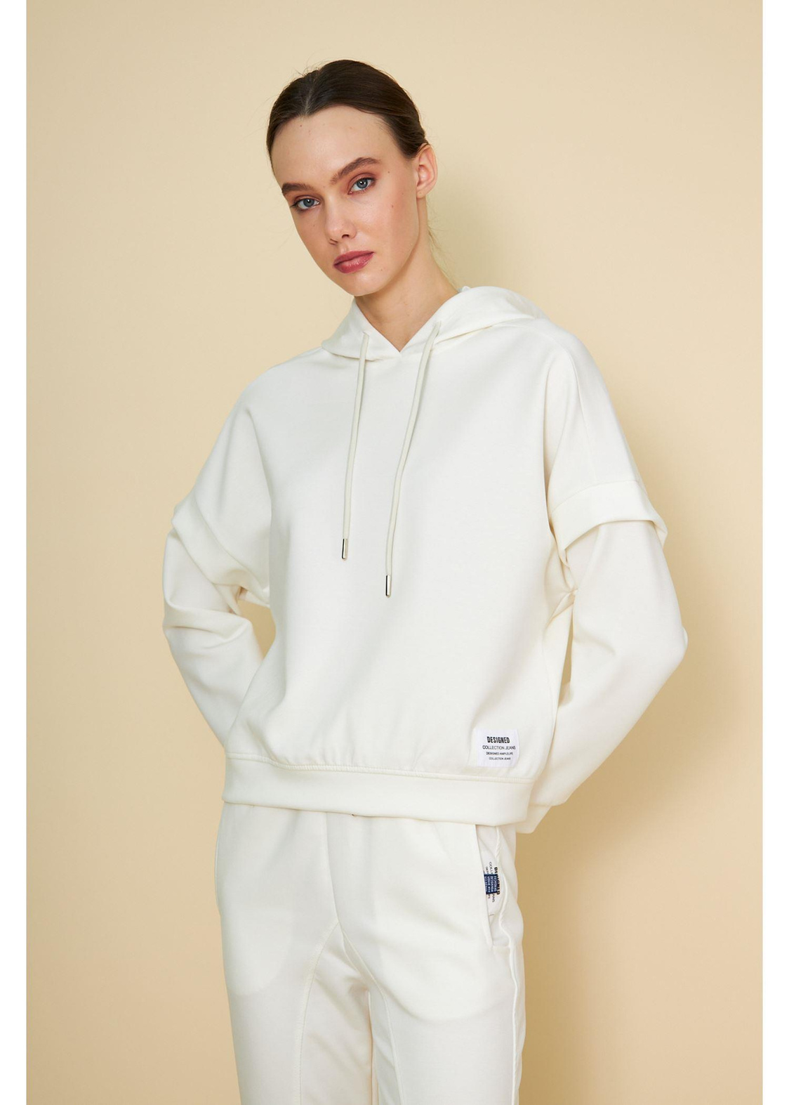 Kapüşonlu Uzun Kol Dalgıç Sweatshirt-Ekru