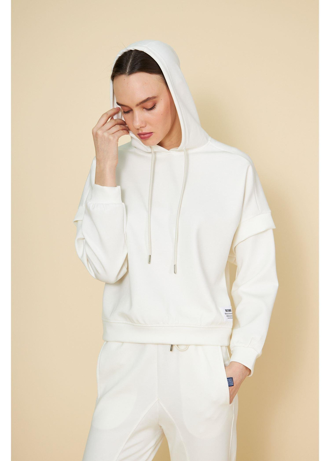 Kapüşonlu Uzun Kol Dalgıç Sweatshirt-Ekru