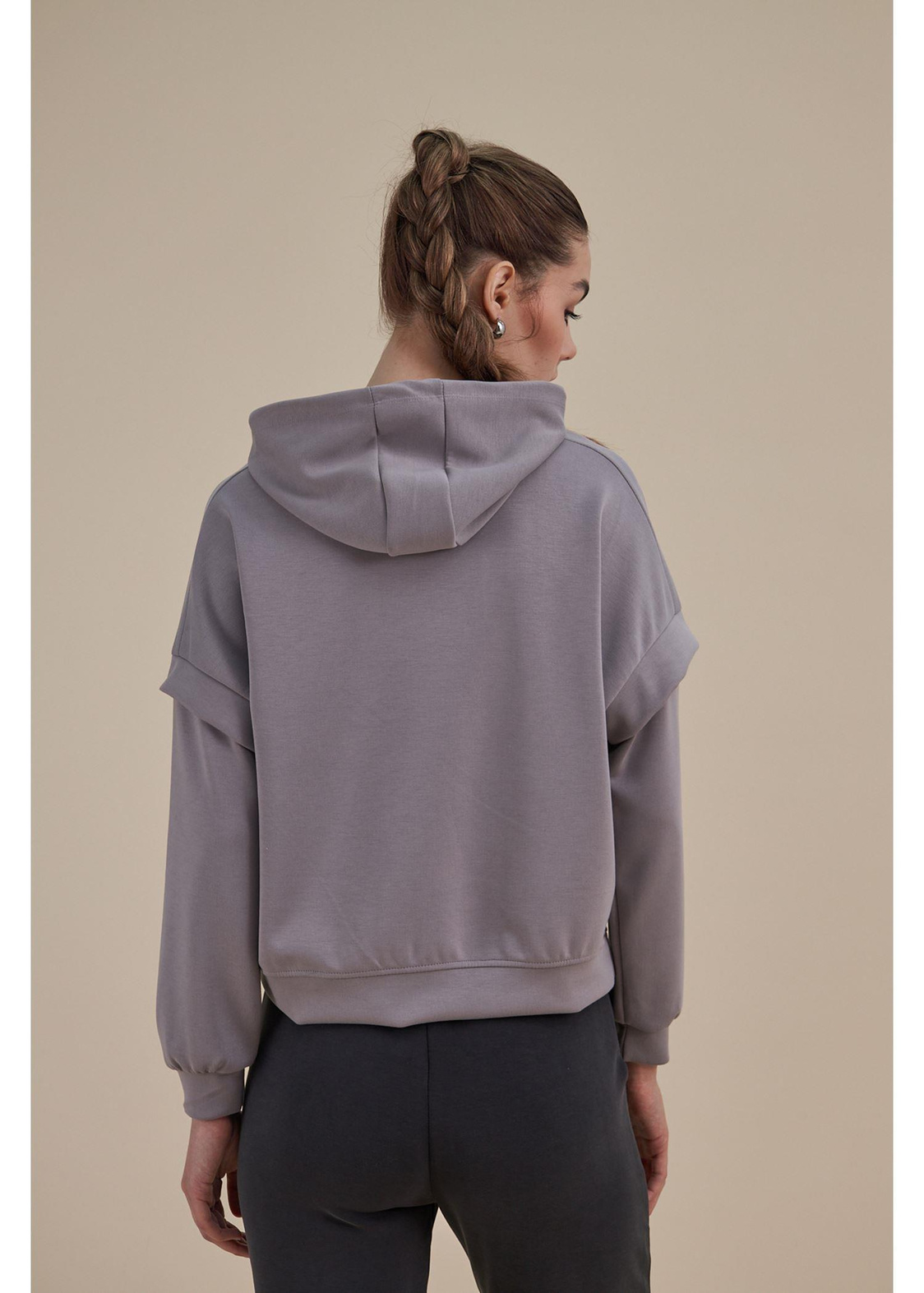 Kapüşonlu Uzun Kol Dalgıç Sweatshirt-Gri