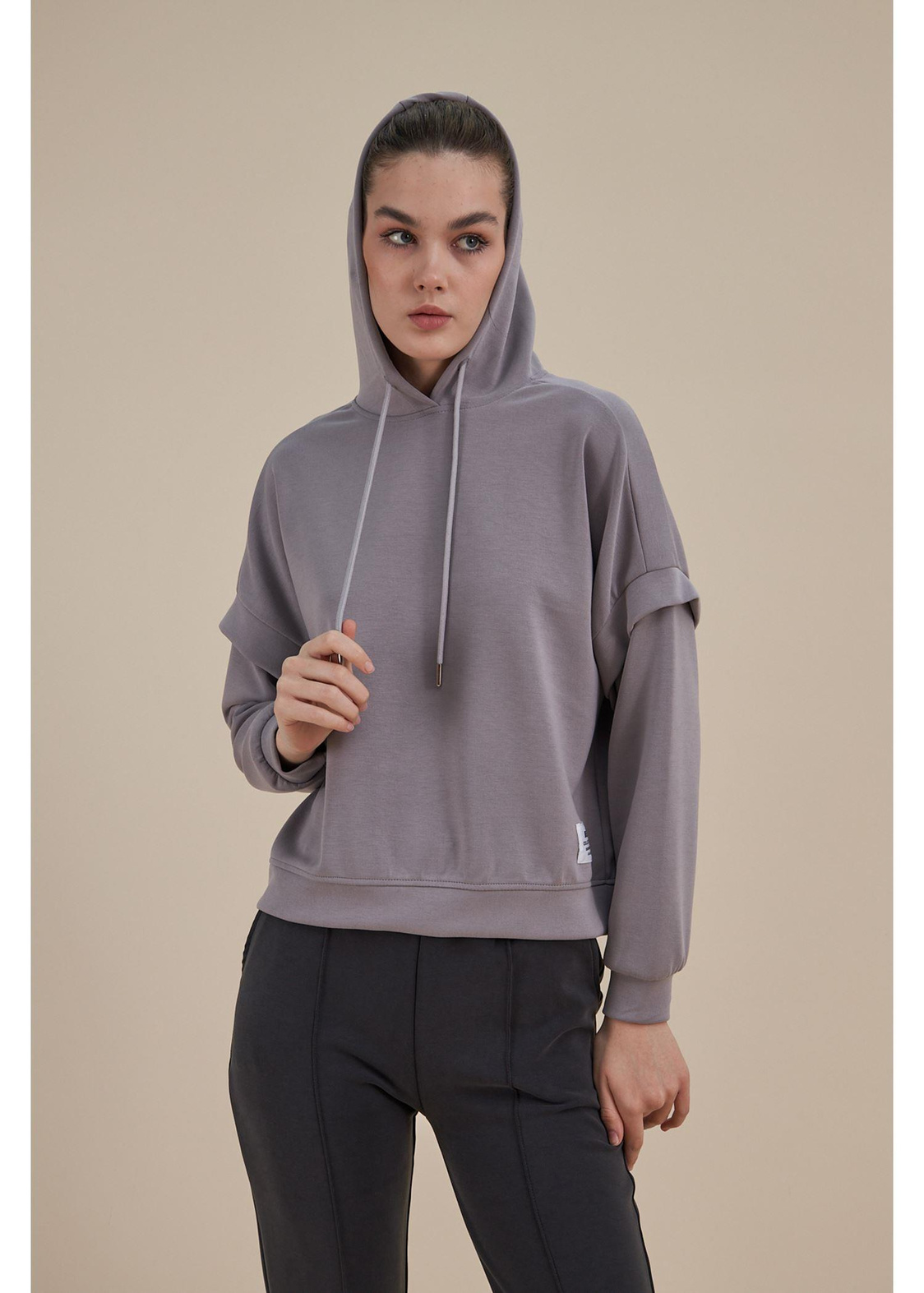 Kapüşonlu Uzun Kol Dalgıç Sweatshirt-Gri