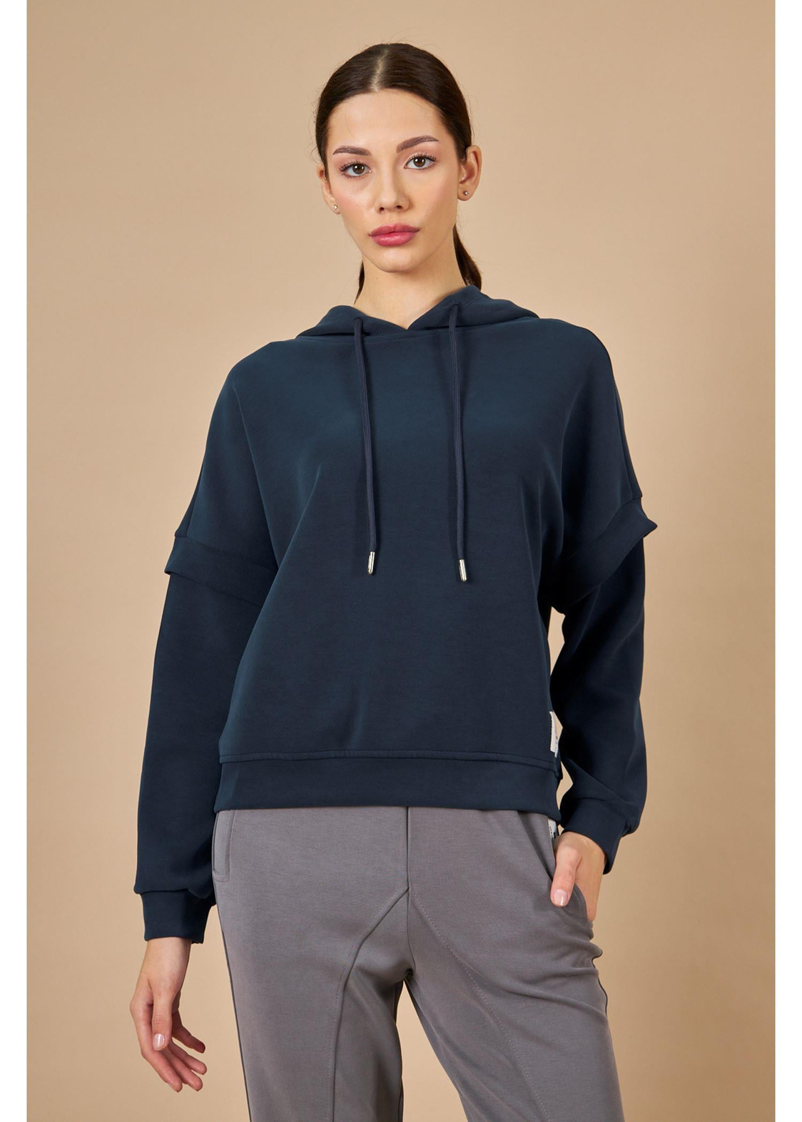 Kapüşonlu Uzun Kol Dalgıç Sweatshirt-Lacivert