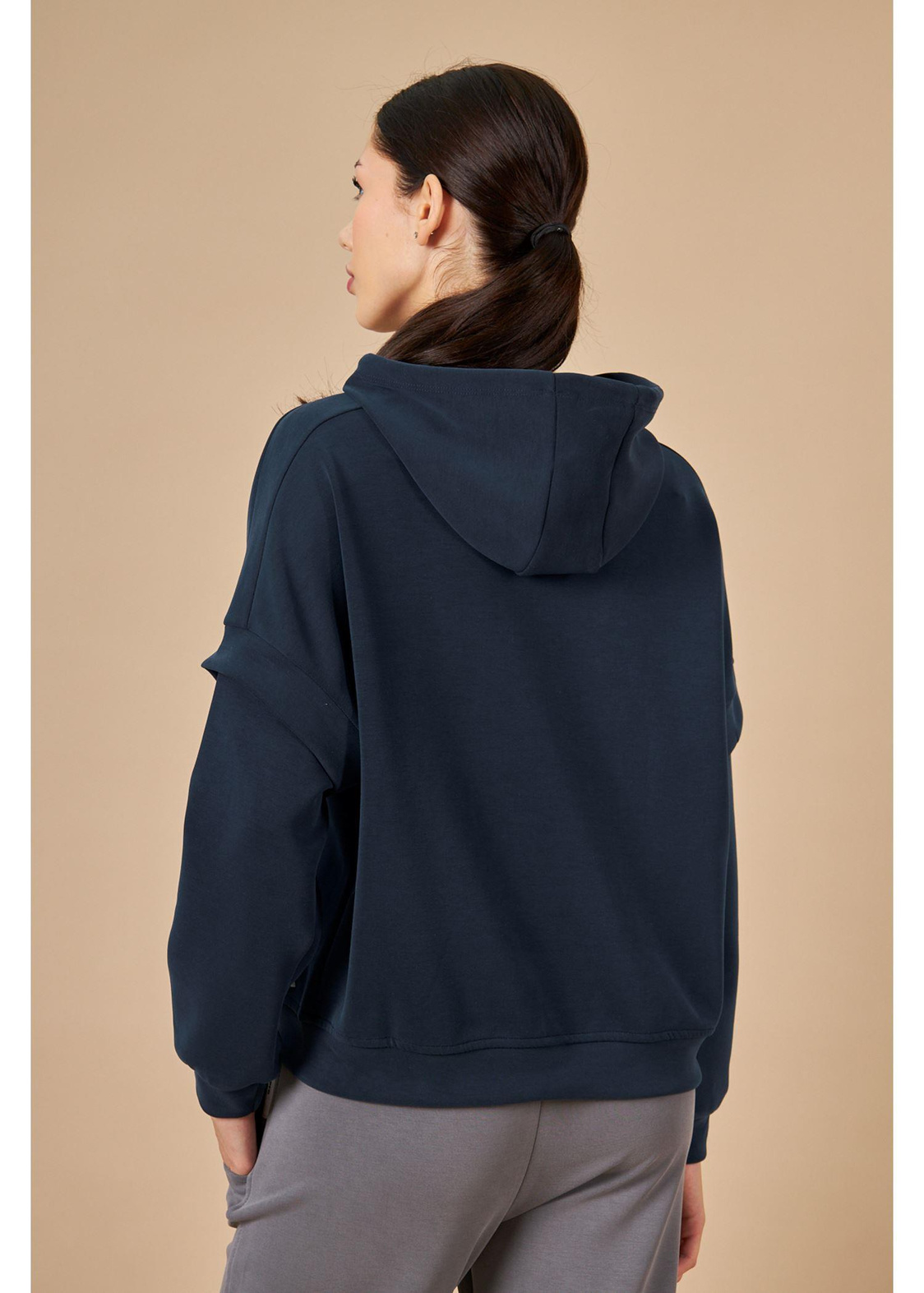 Kapüşonlu Uzun Kol Dalgıç Sweatshirt-Lacivert