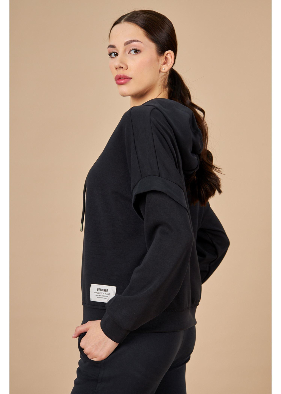 Kapüşonlu Uzun Kol Dalgıç Sweatshirt-Siyah