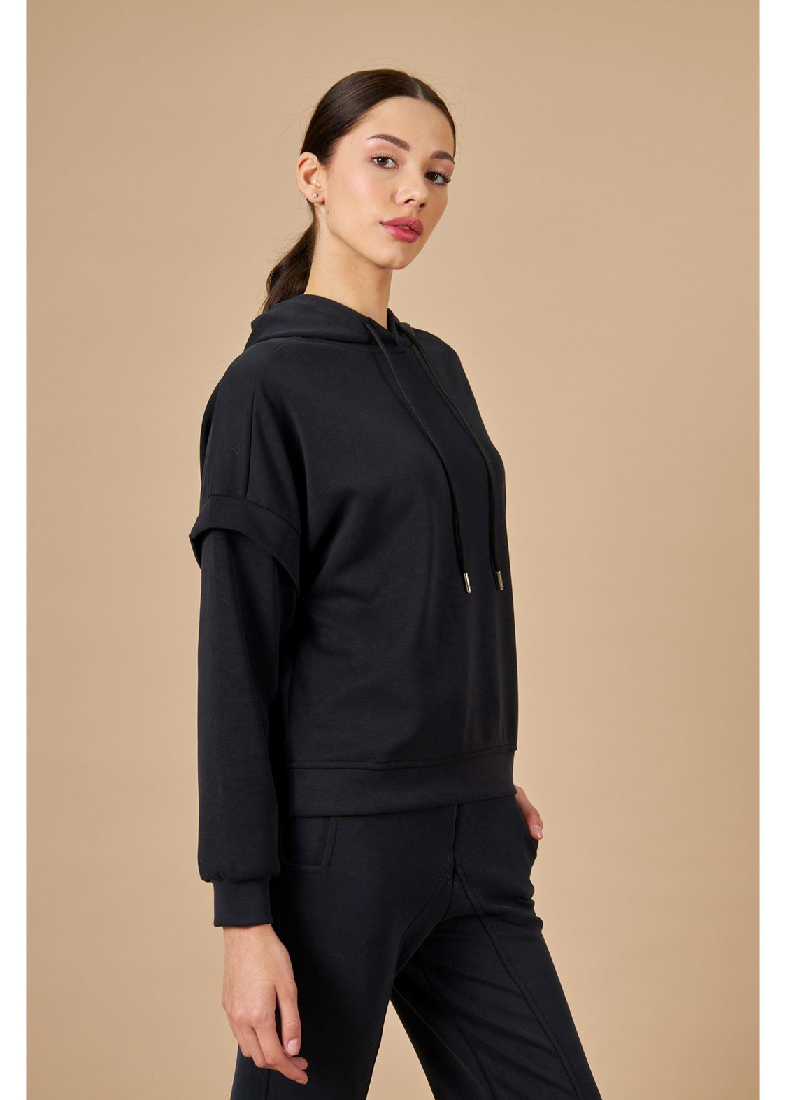 Kapüşonlu Uzun Kol Dalgıç Sweatshirt-Siyah