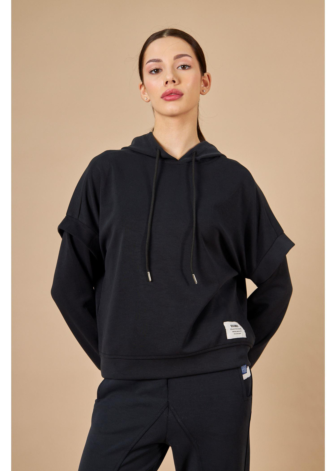 Kapüşonlu Uzun Kol Dalgıç Sweatshirt-Siyah