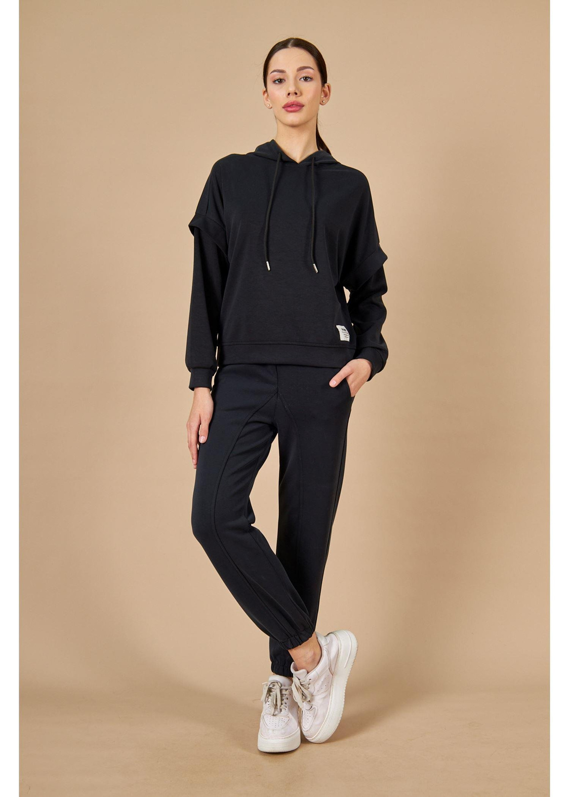 Kapüşonlu Uzun Kol Dalgıç Sweatshirt-Siyah