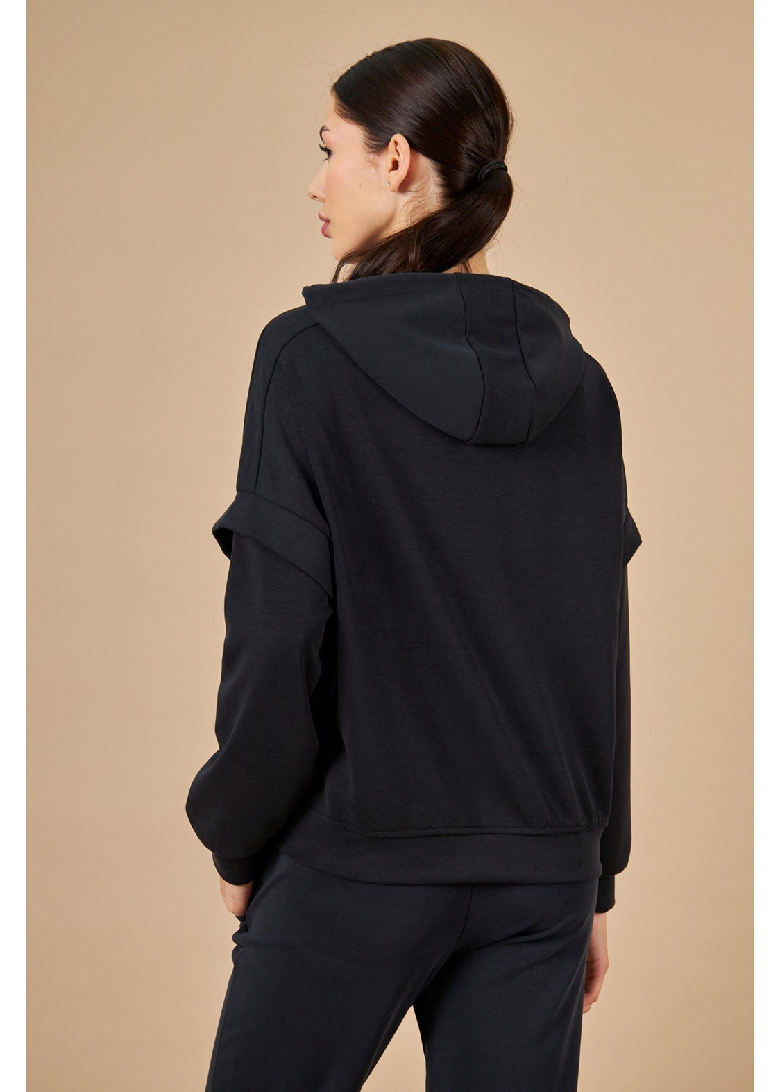 Kapüşonlu Uzun Kol Dalgıç Sweatshirt-Siyah