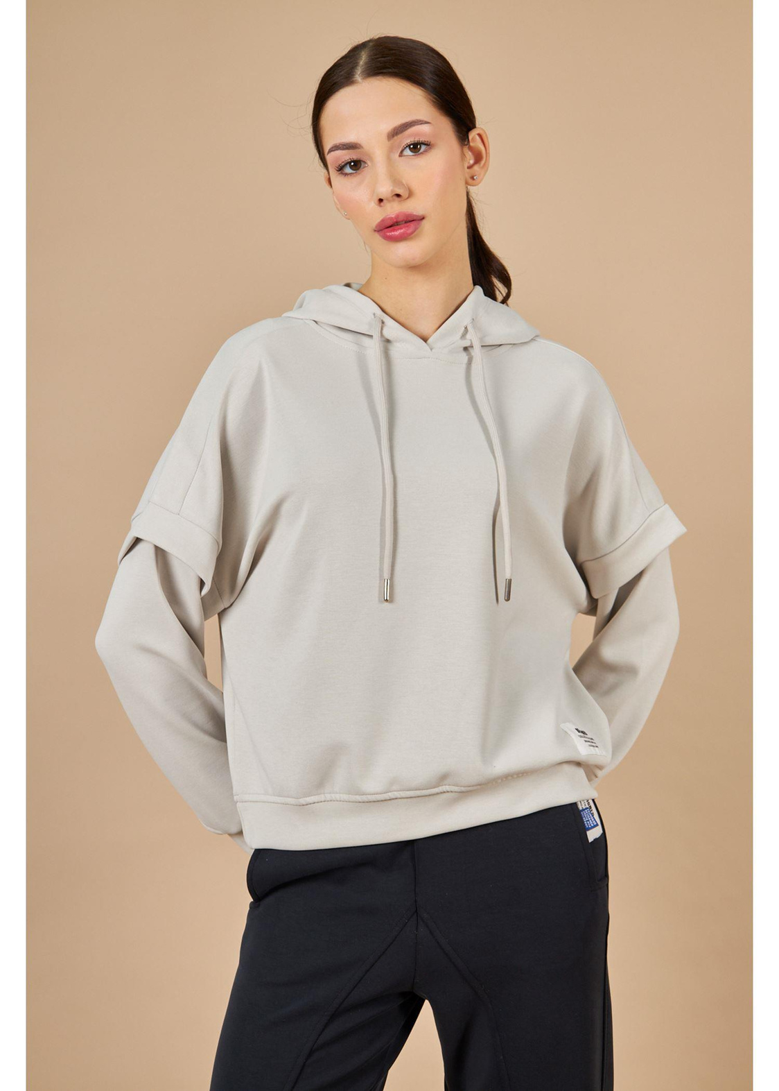 Kapüşonlu Uzun Kol Dalgıç Sweatshirt-Taş