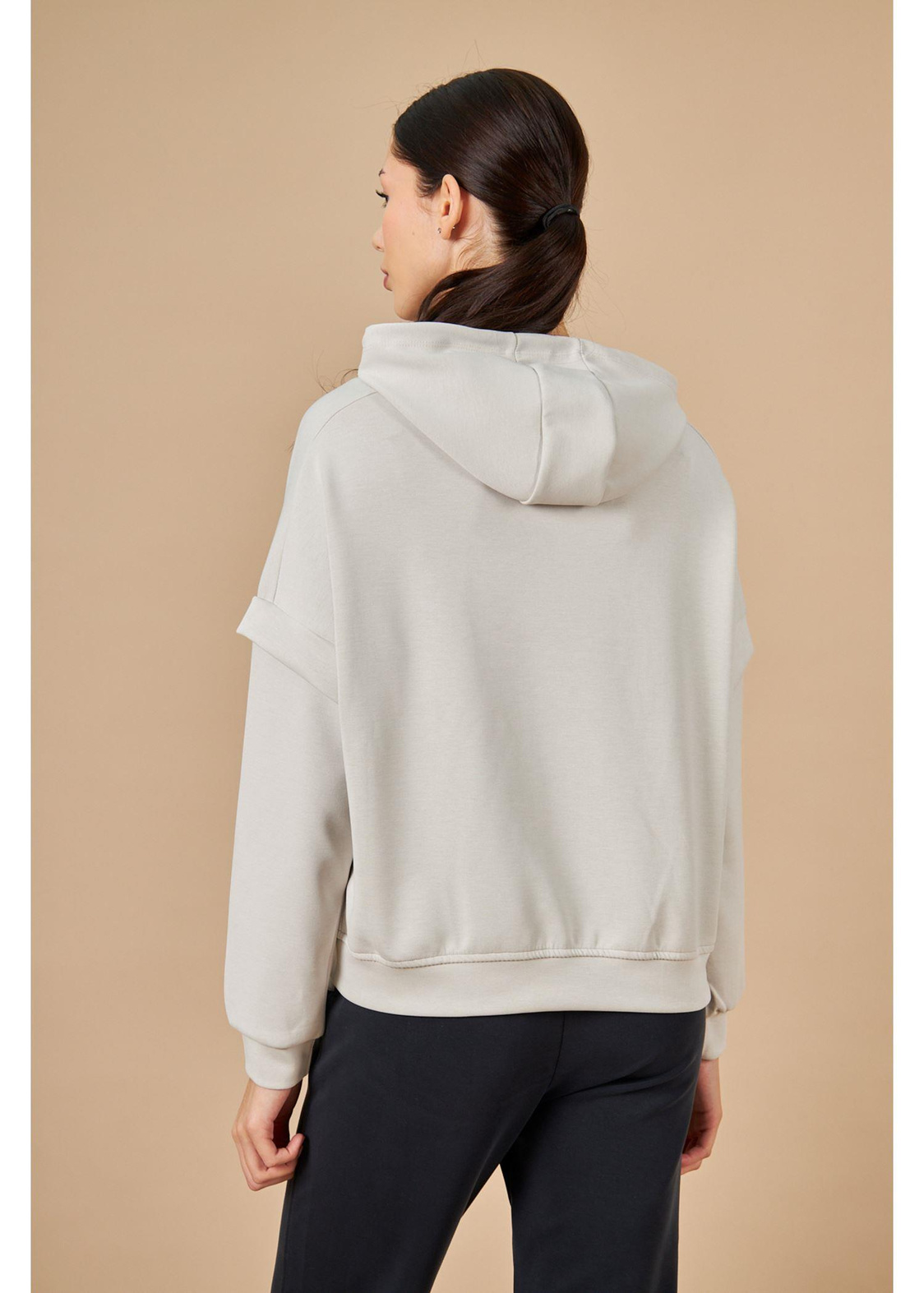 Kapüşonlu Uzun Kol Dalgıç Sweatshirt-Taş