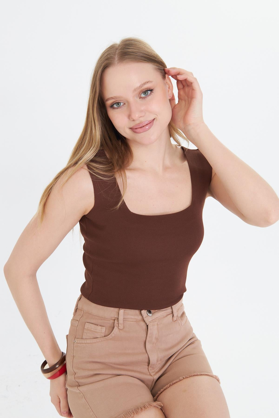 Kare Yaka Crop Atlet - Kahve