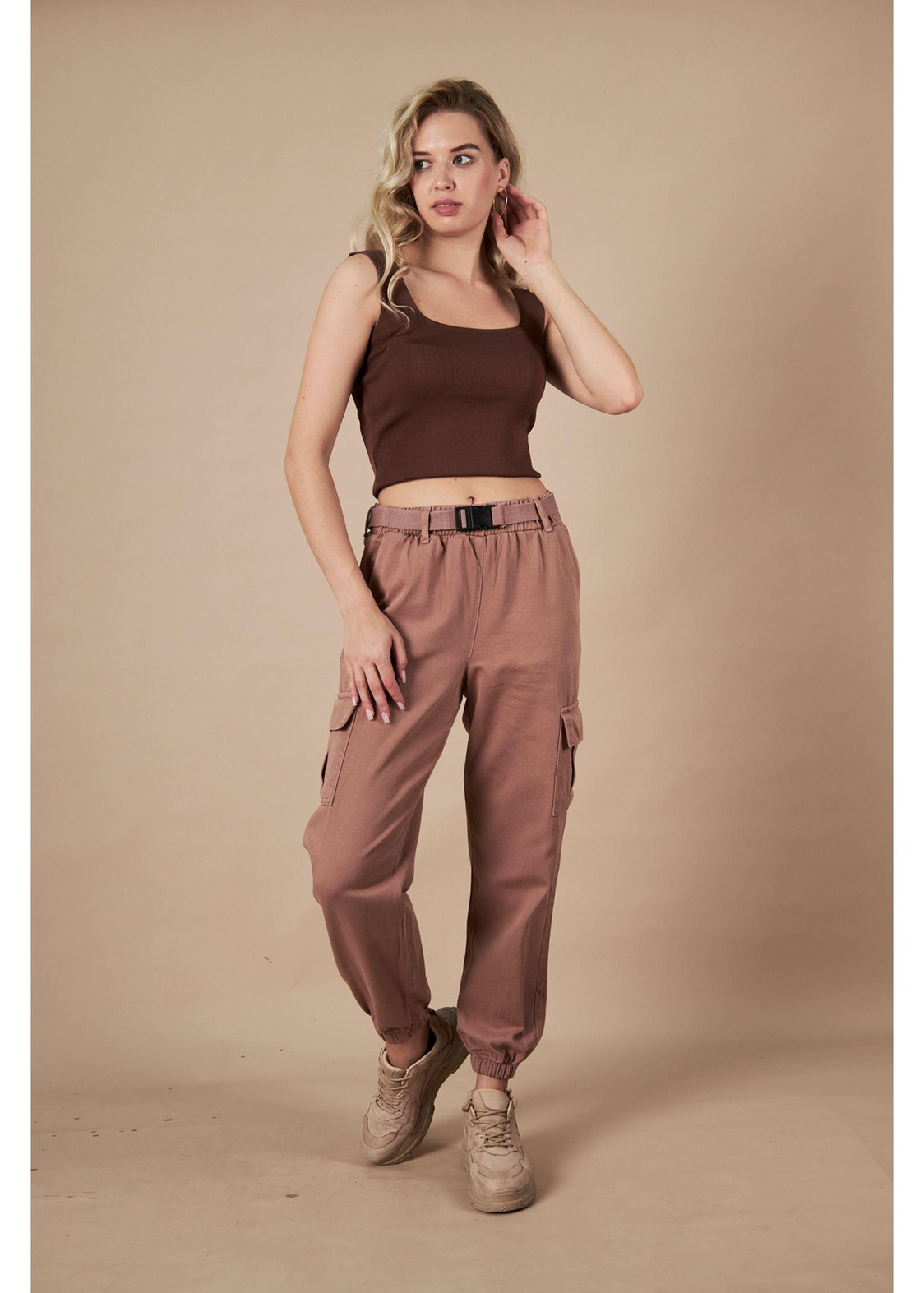 Kargo Cepli Palaskalı Jogger Pantolon-Vizon