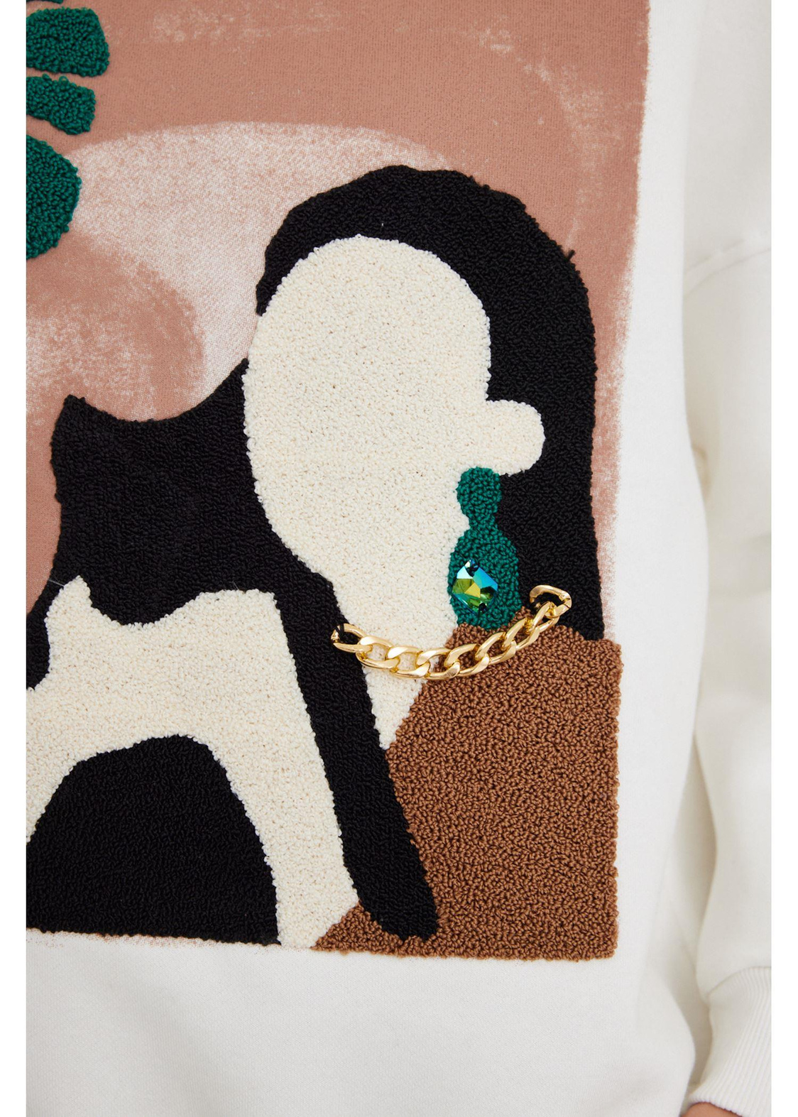 Kedi ve Kadın Figürlü Sweatshirt-Ekru