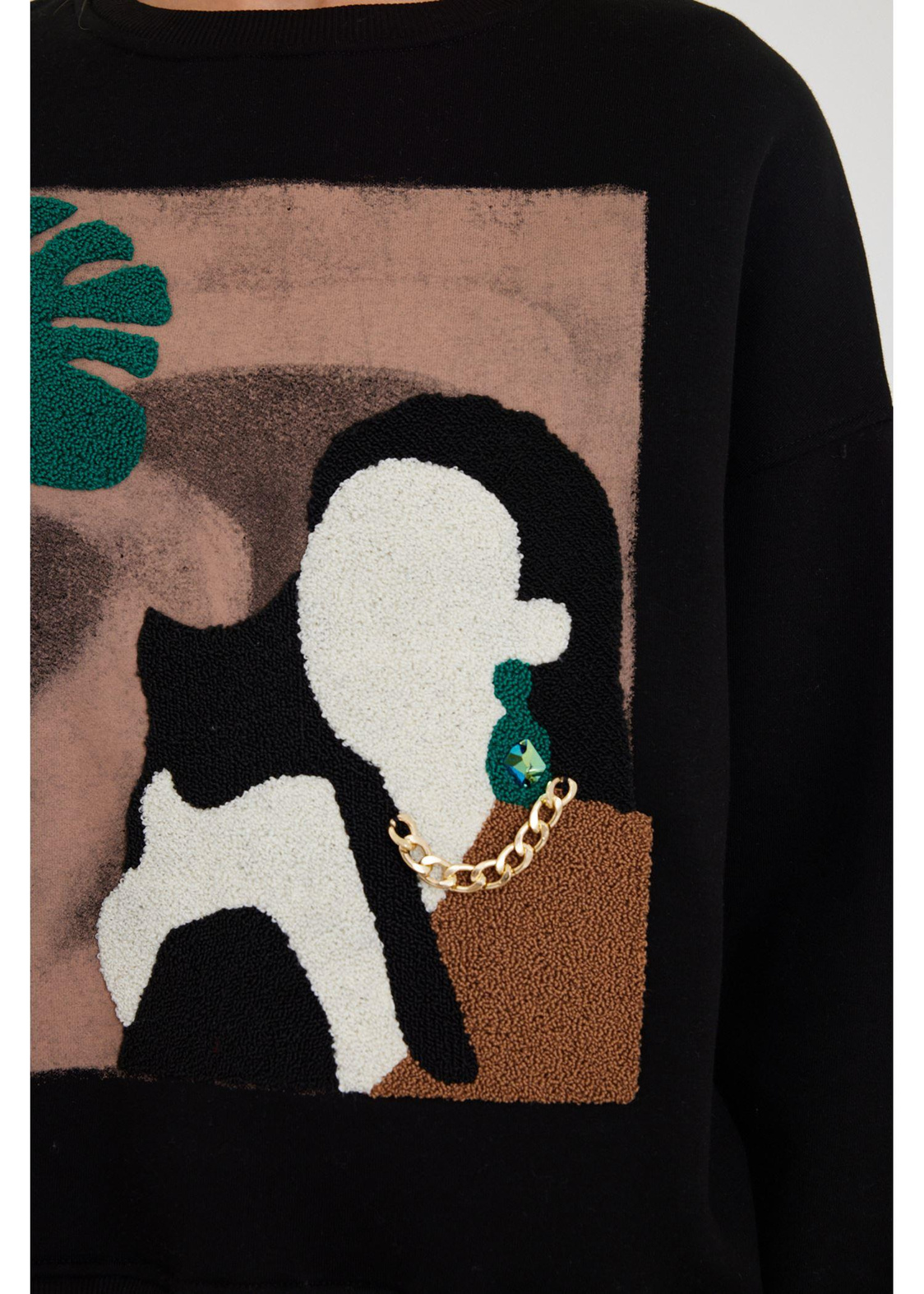 Kedi ve Kadın Figürlü Sweatshirt-Siyah