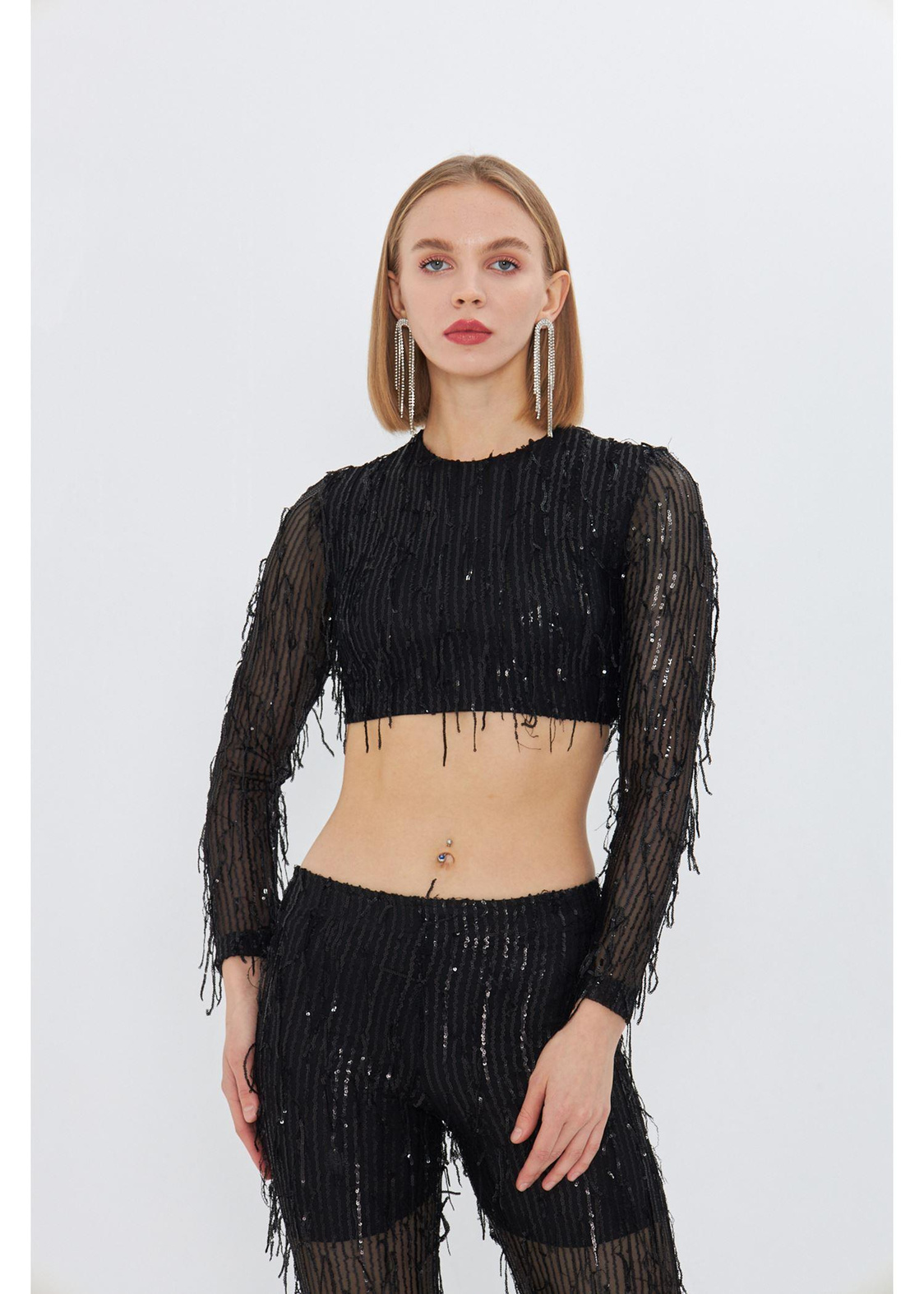 Kemer Detay Saçaklı Pul Payet Crop