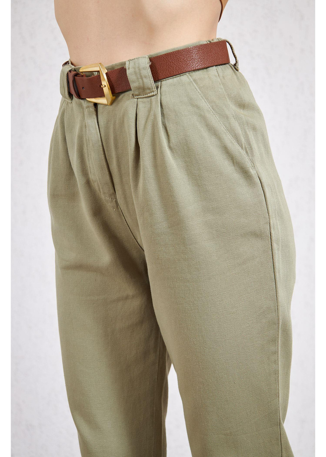 Kemerli Pileli Gabardin Pantolon-Haki