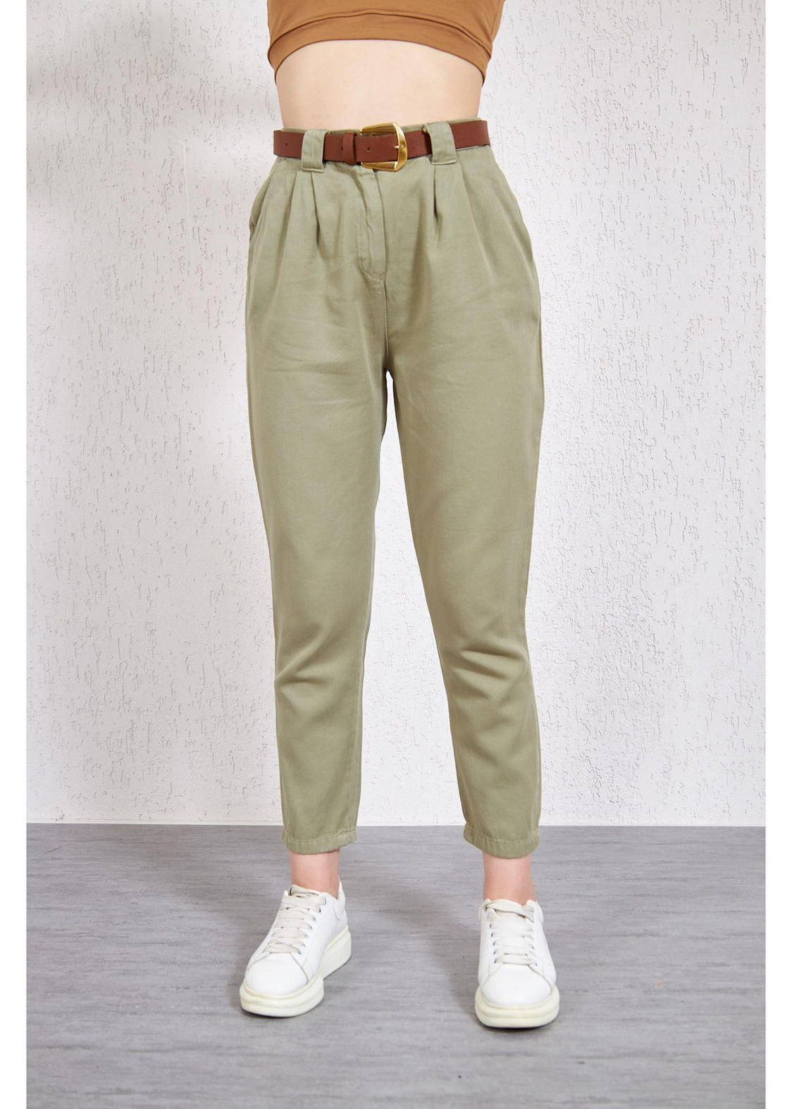 Kemerli Pileli Gabardin Pantolon-Haki
