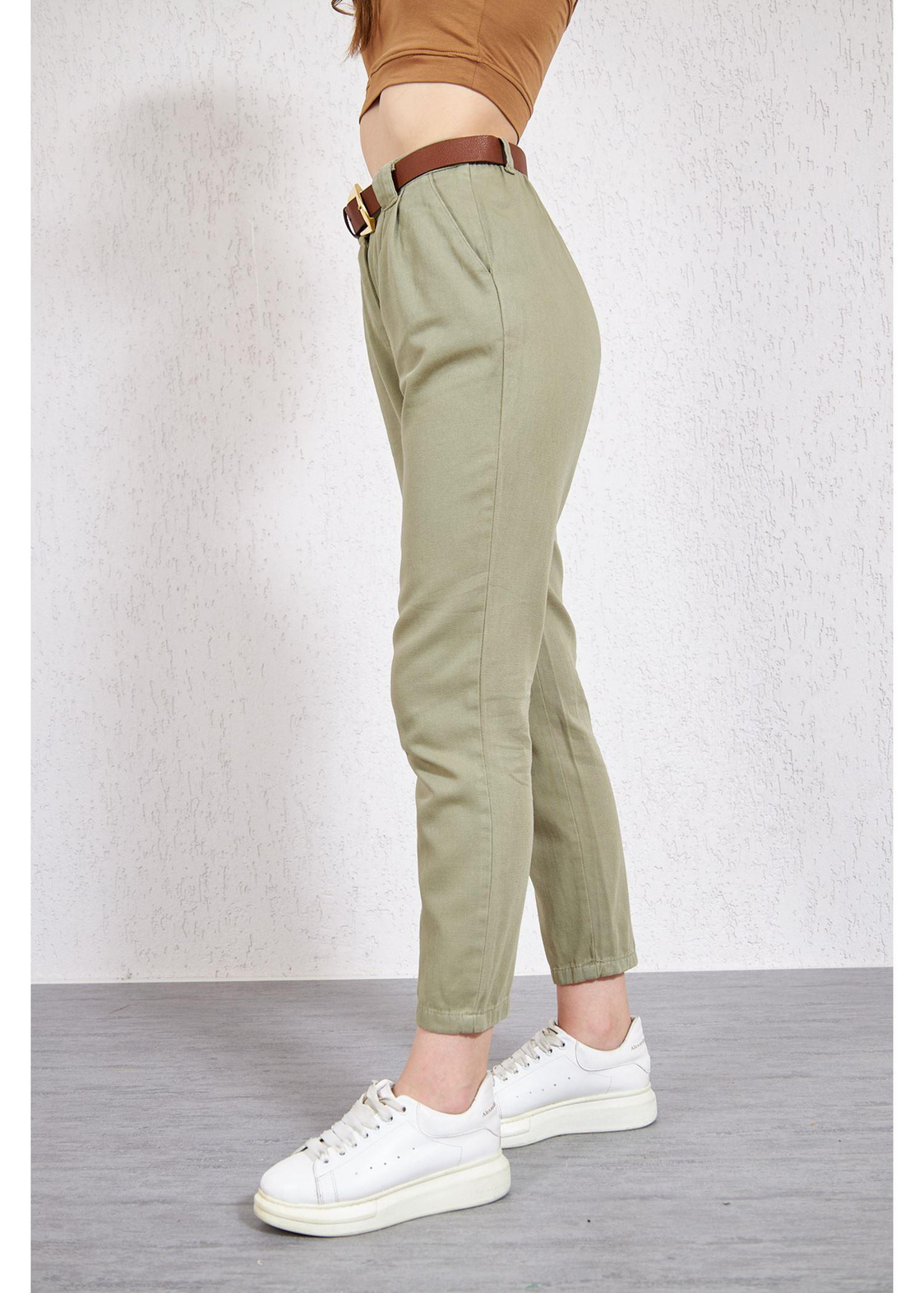 Kemerli Pileli Gabardin Pantolon-Haki