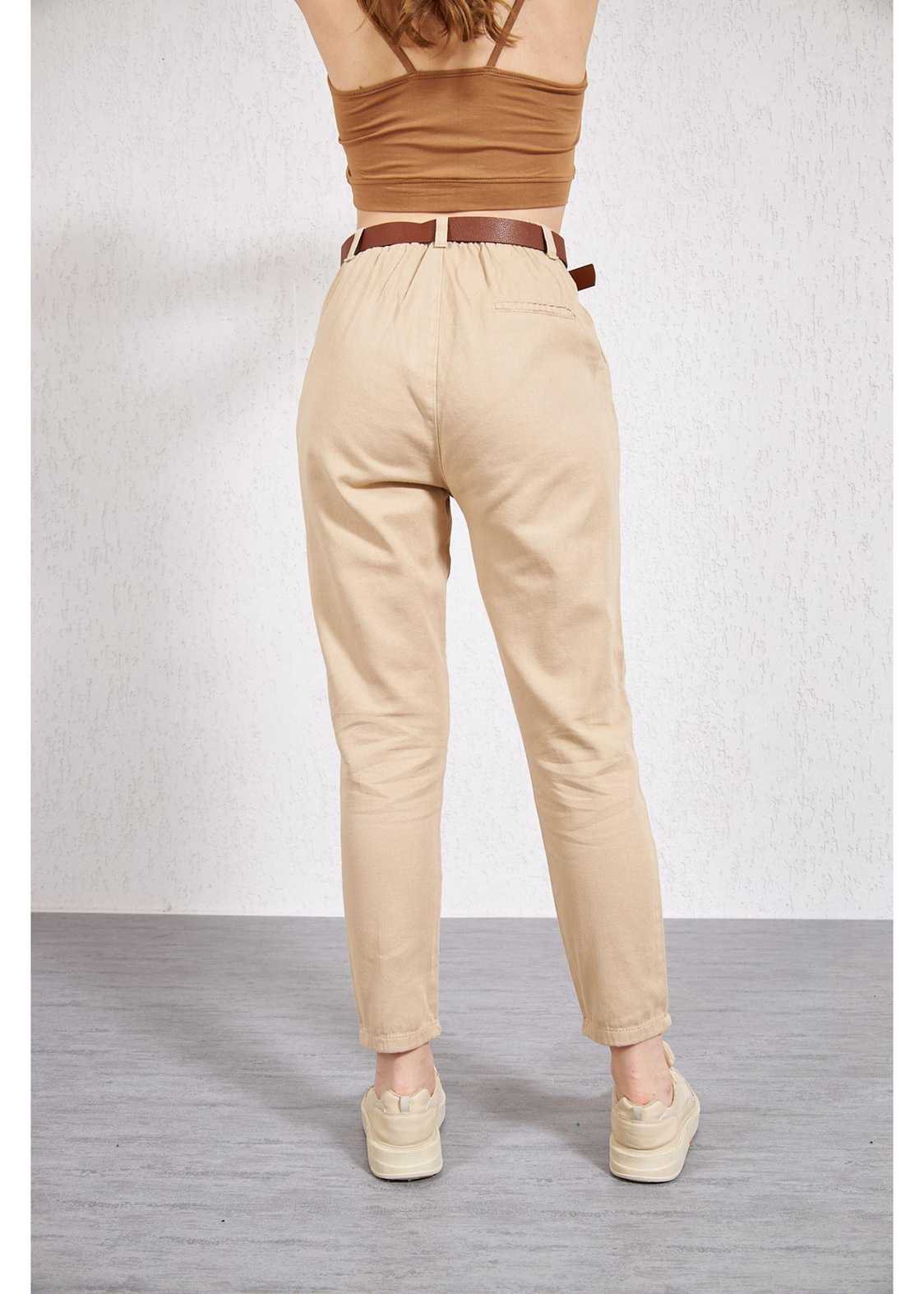 Kemerli Pileli Gabardin Pantolon-Taş
