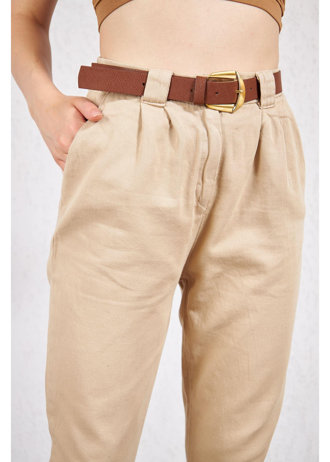 Kemerli Pileli Gabardin Pantolon-Taş