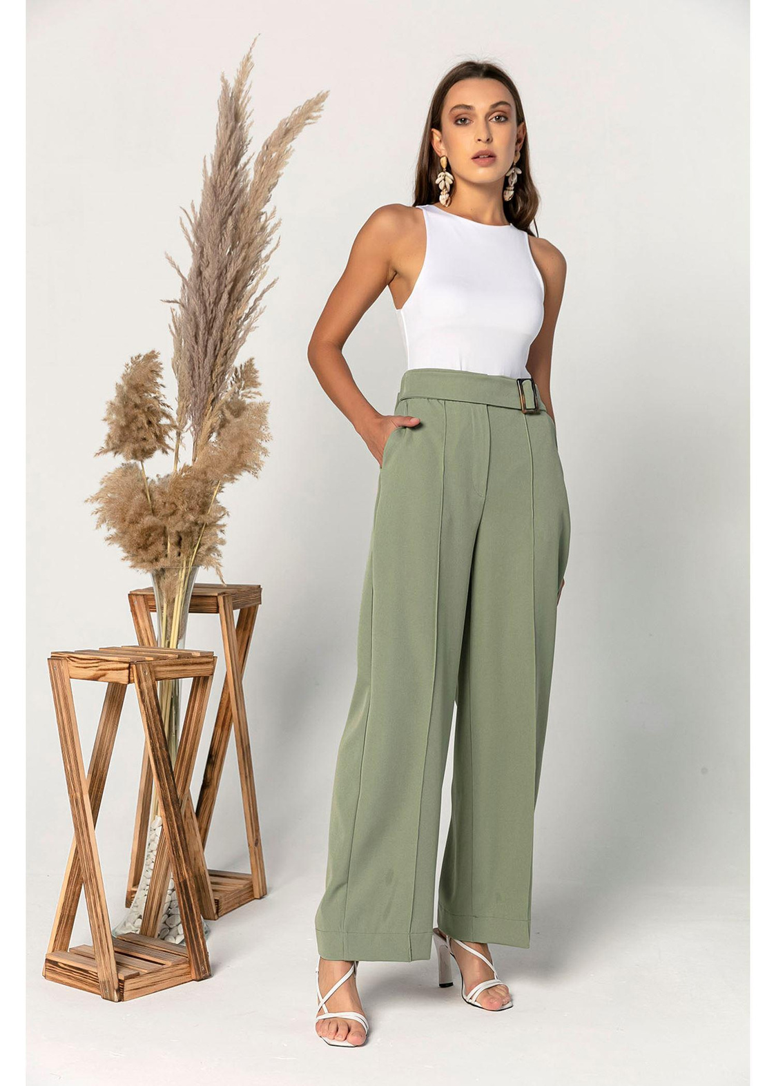 Kemik Tokalı Geniş Paça Cepli Pantolon-Mint