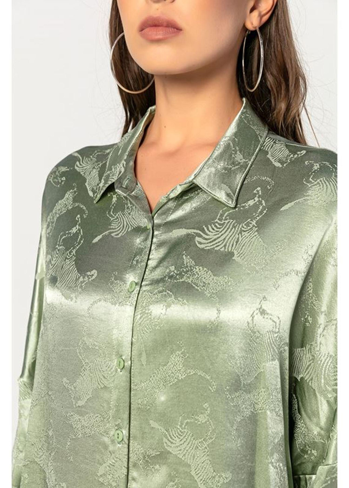Kendinden Desenli, Saten Oversize Gömlek-Mint