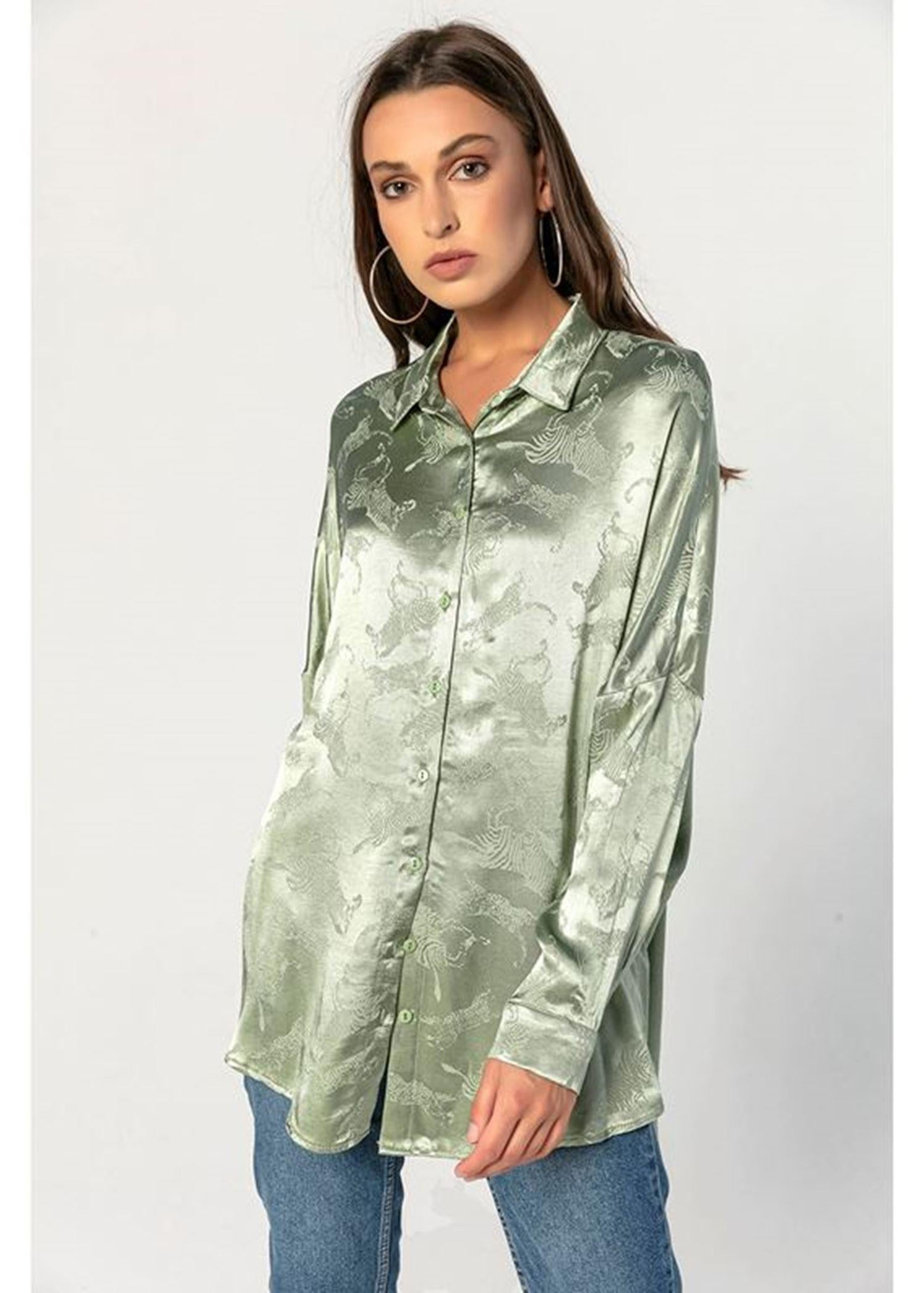 Kendinden Desenli, Saten Oversize Gömlek-Mint