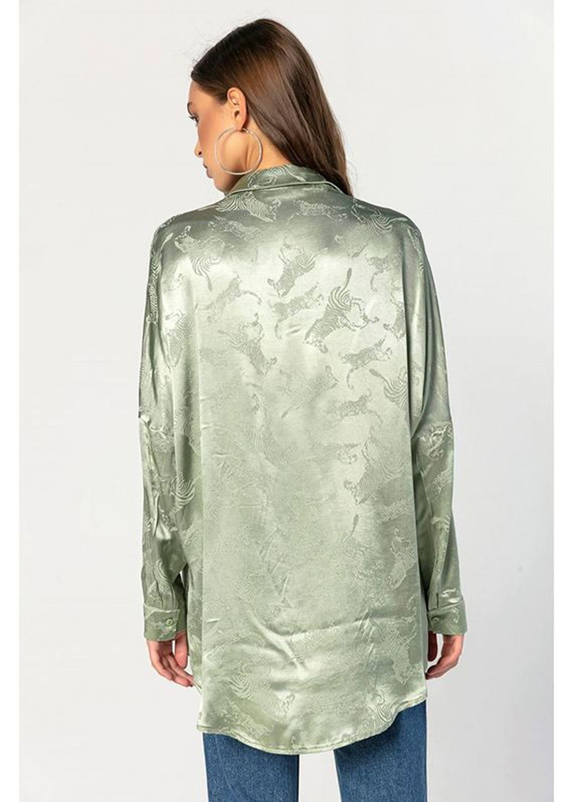 Kendinden Desenli, Saten Oversize Gömlek-Mint