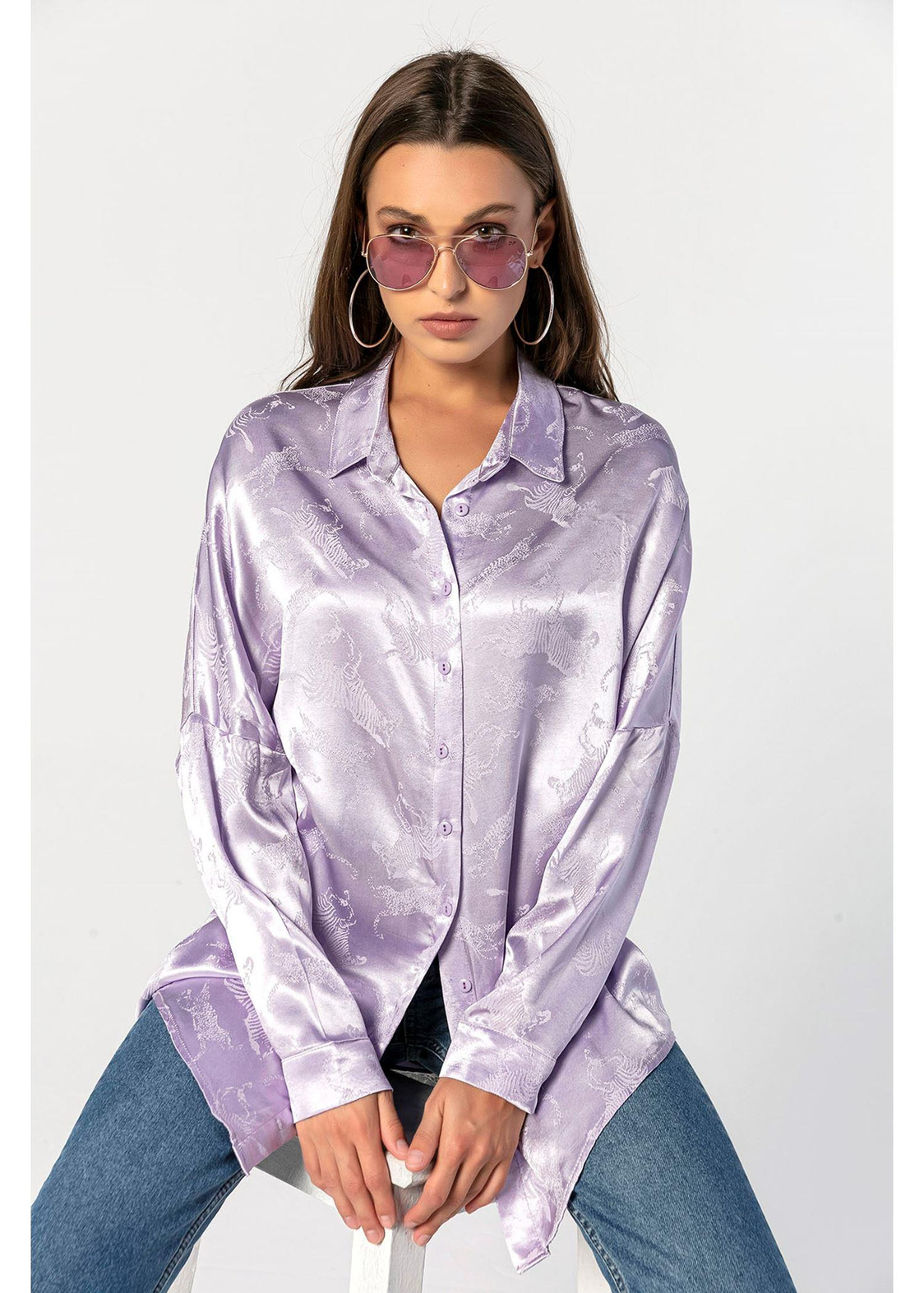 Kendinden Desenli, Saten Oversize Gömlek-Lila