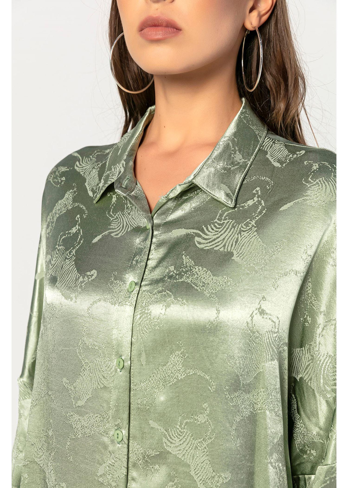 Kendinden Desenli, Saten Oversize Gömlek-Mint