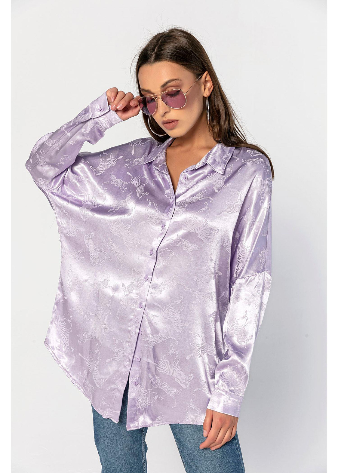 Kendinden Desenli, Saten Oversize Gömlek-Lila