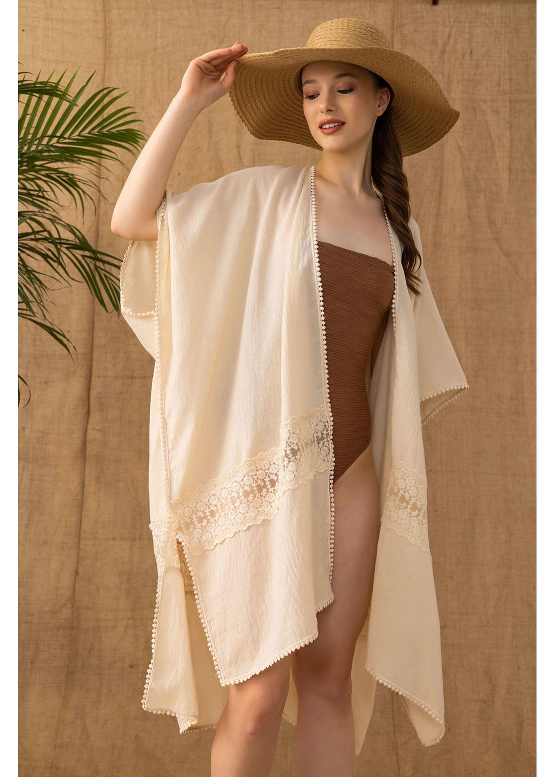 Keten Dantelli Kimono-Bej