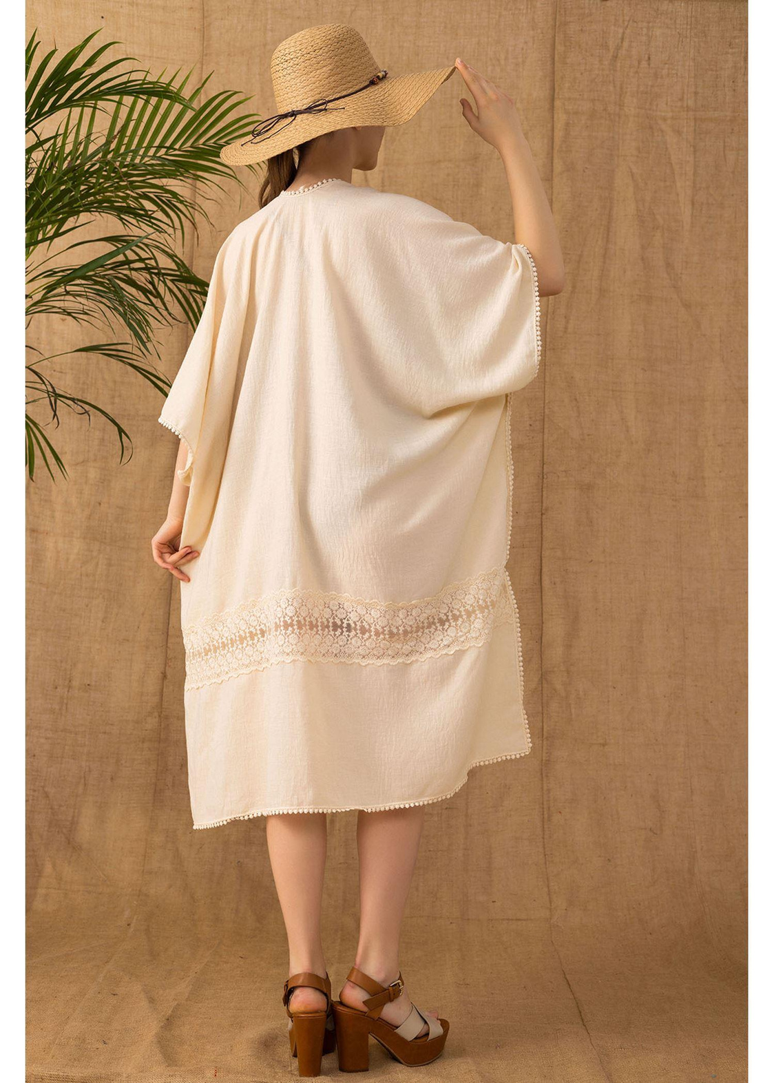 Keten Dantelli Kimono-Bej