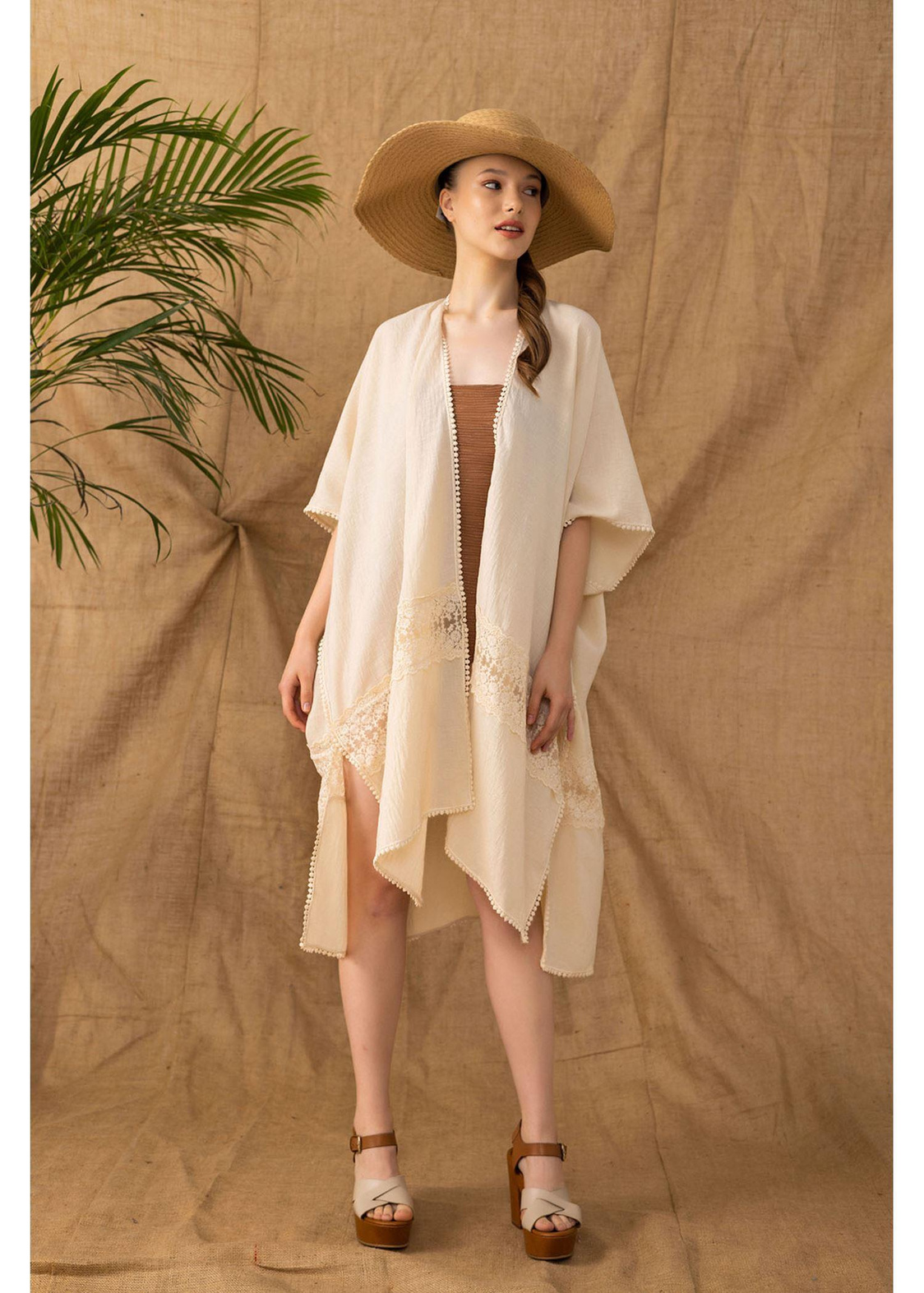 Keten Dantelli Kimono-Bej
