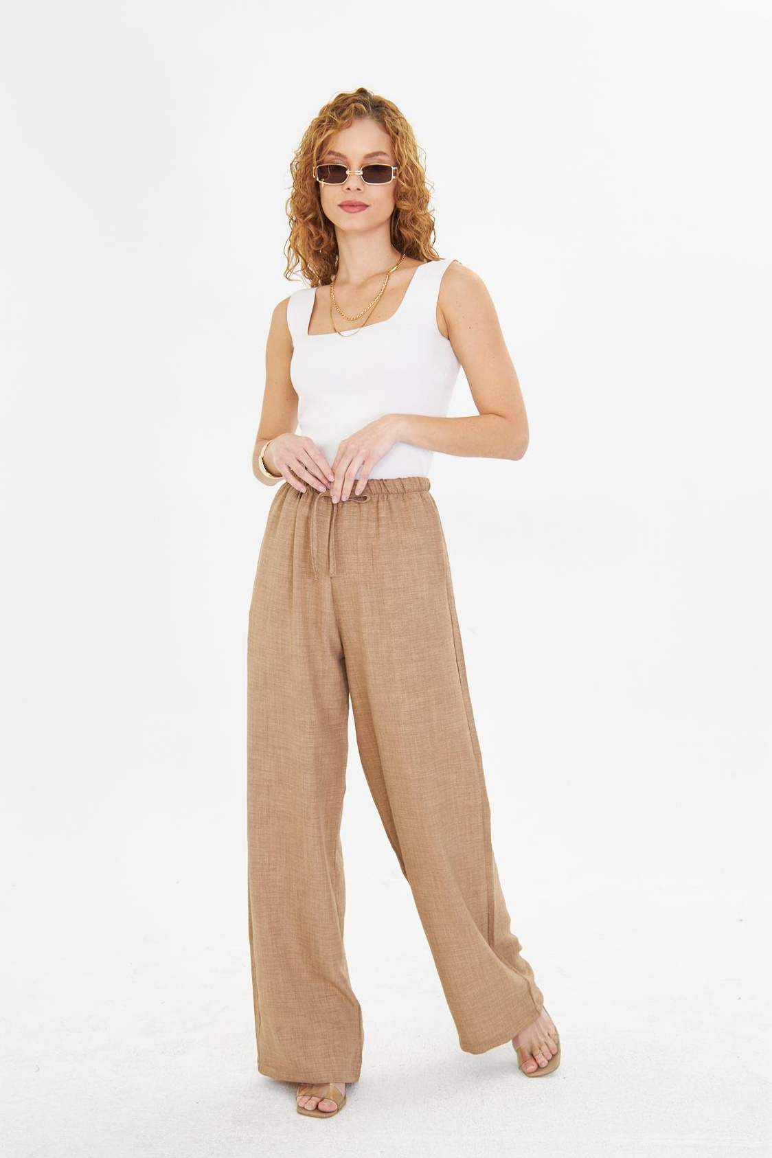 Keten Görünümlü Bol Paça Pantolon